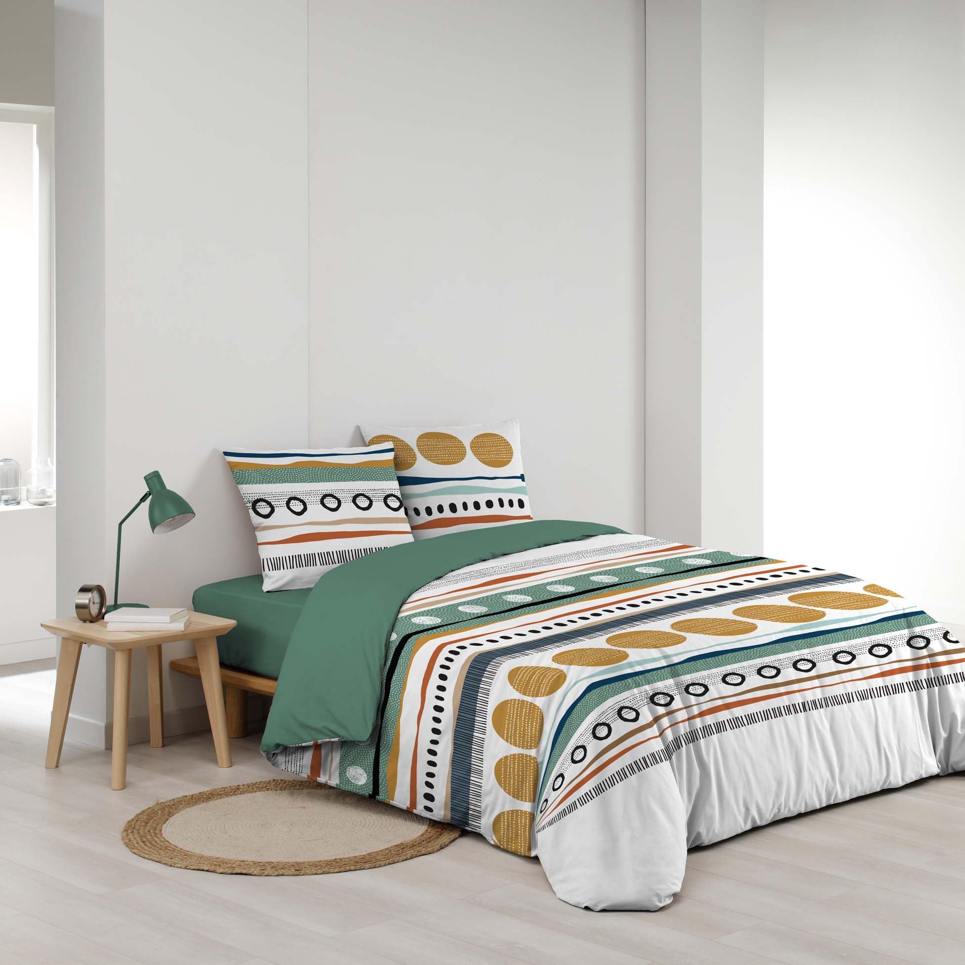 Douceur d'Intérieur, Parure de Lit 3 Pièces (200 x 200 cm) Asiana Vert, 100% Coton | Parure complète avec 2 taies assorties