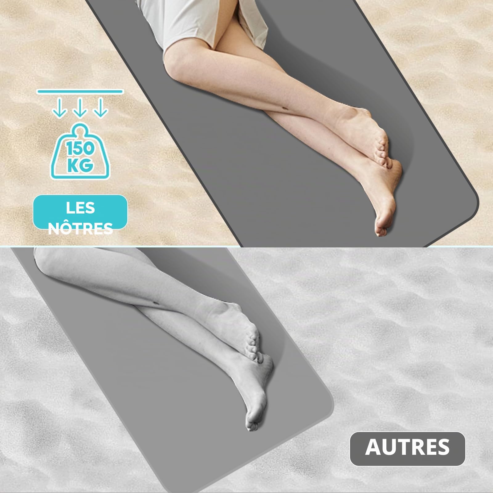 Lot de 2 Bain de Soleil, Chaise Longue, Tapis de Plage, Transat de Plage, avec Appui-tête - Bandoulières - Dossier Réglable 5 Positions, pour Camping, Jardin, Piscine, 160 x 52 cm, Gris