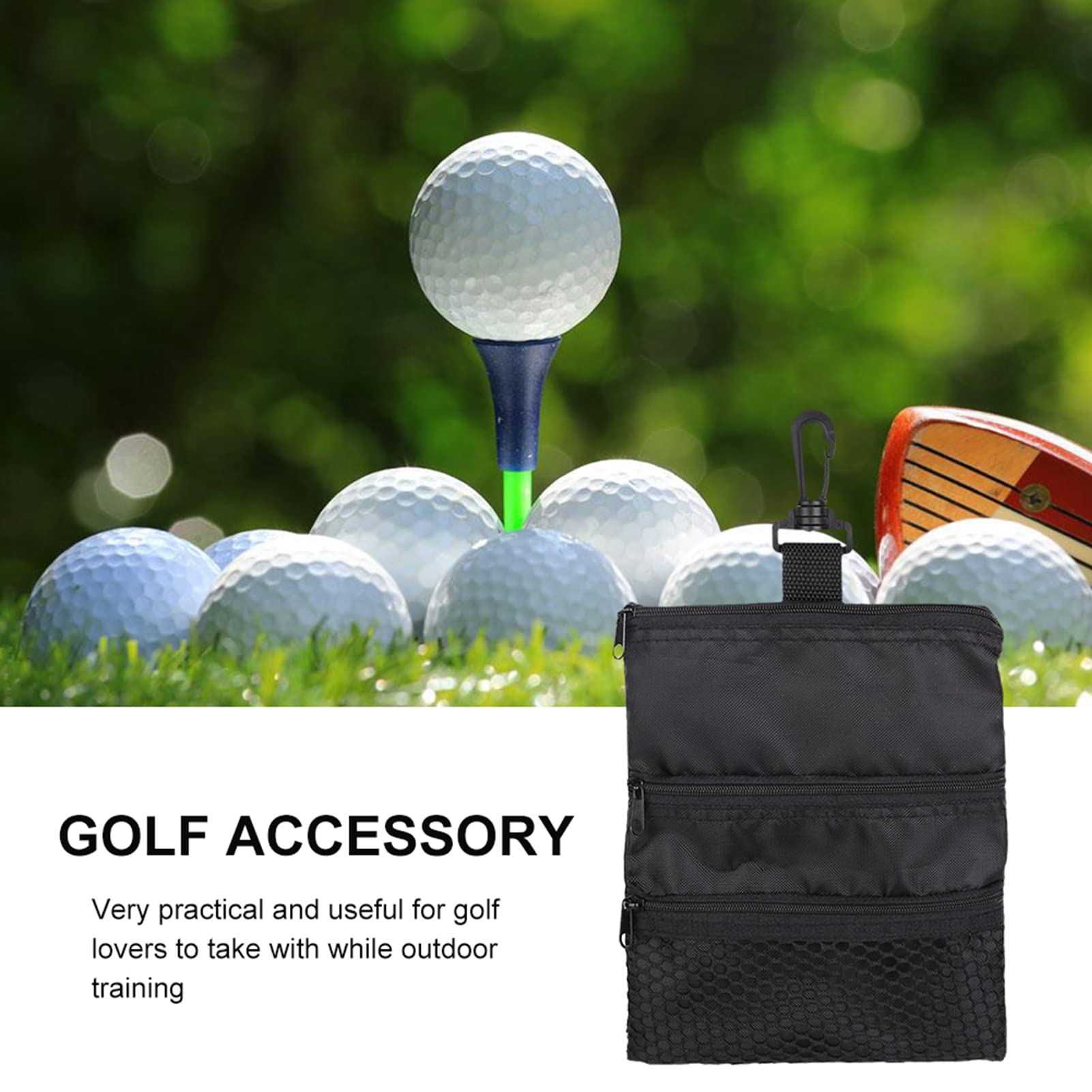 SUNGOOYUE Golf Tee Pouch, Black Multi-Pocket Zipper Golf Ball Tee Handbag Portable Golf Ball Accessories Pouch with Clip - Image 2