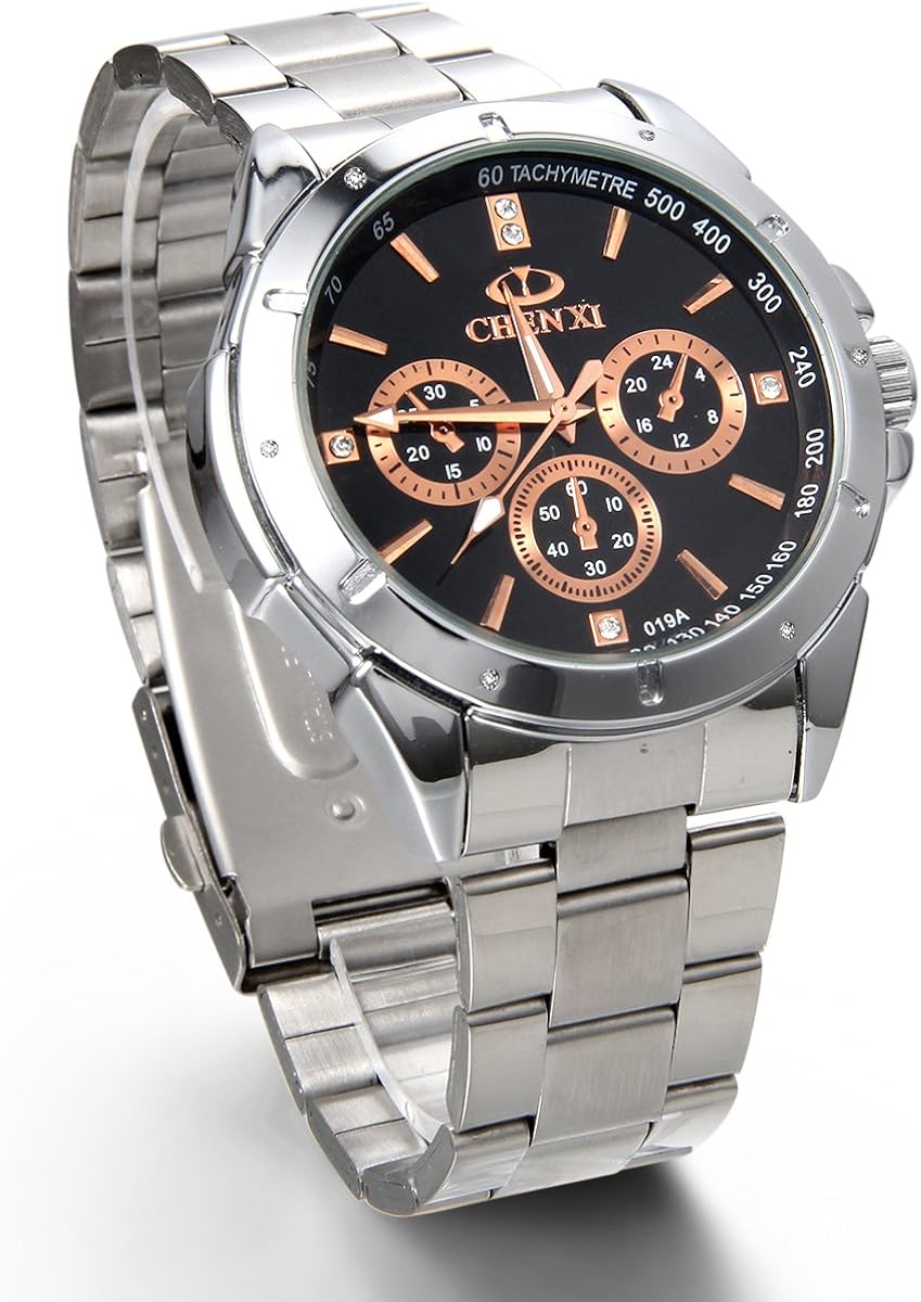 Jewelrywe Reloj hombre, pantalla negra, puntero dorado, pulsera de plata de acero inoxidable