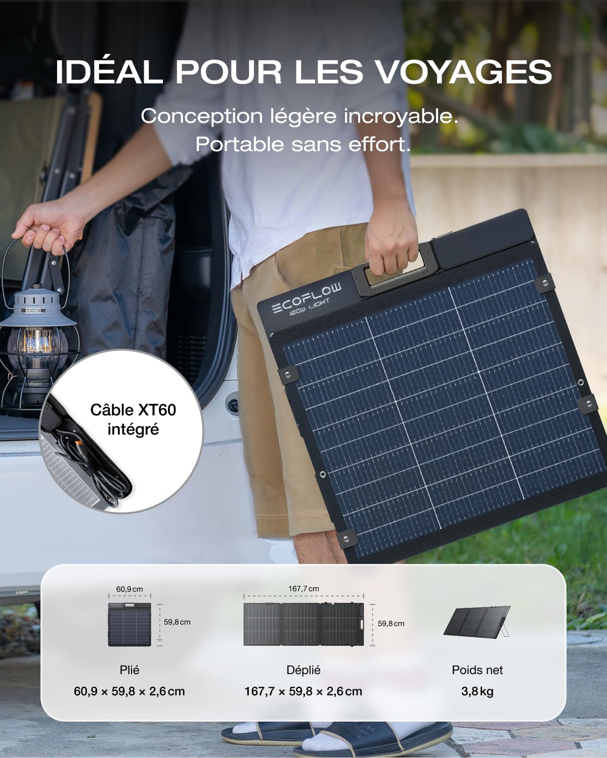 Panneau solaire portable EcoFlow 160 W, conception bifaciale avec cellules de type N, rendement jusqu'à 25%. Support réglable, guide d'angle intégré, câble XT60 inclus et protection IP68.