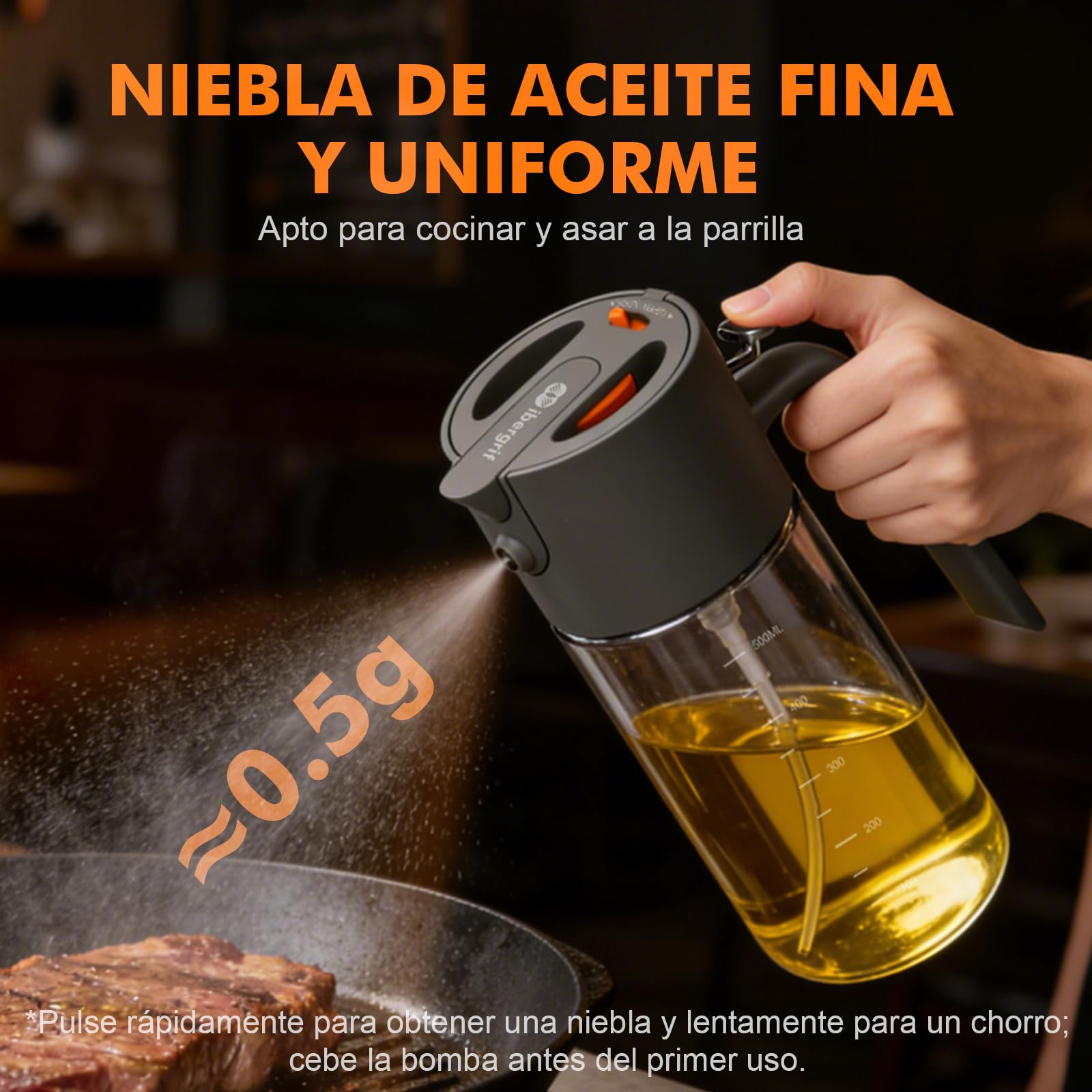 Ibergrif 2 en 1 Pulverizador de aceite 500ml – Aceitera spray con Interruptor, Vidrio de borosilicato, Antigoteo para Freidora de aire, Gris, M530 — view 4
