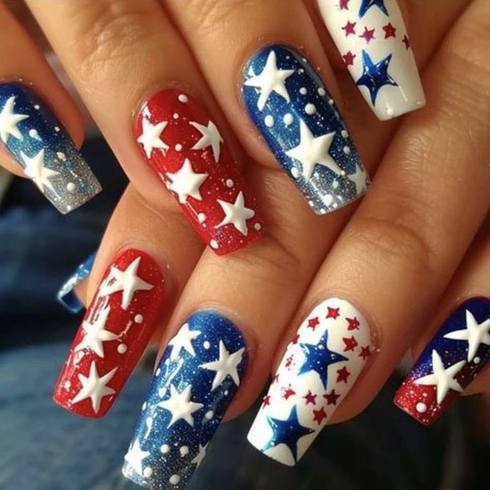 Independence Day Press on Nails Long Square Fake Nails with Stars Spot Designs Glitter Nails Press ons Red White Blue Acrylic Nails 4th of July Glue