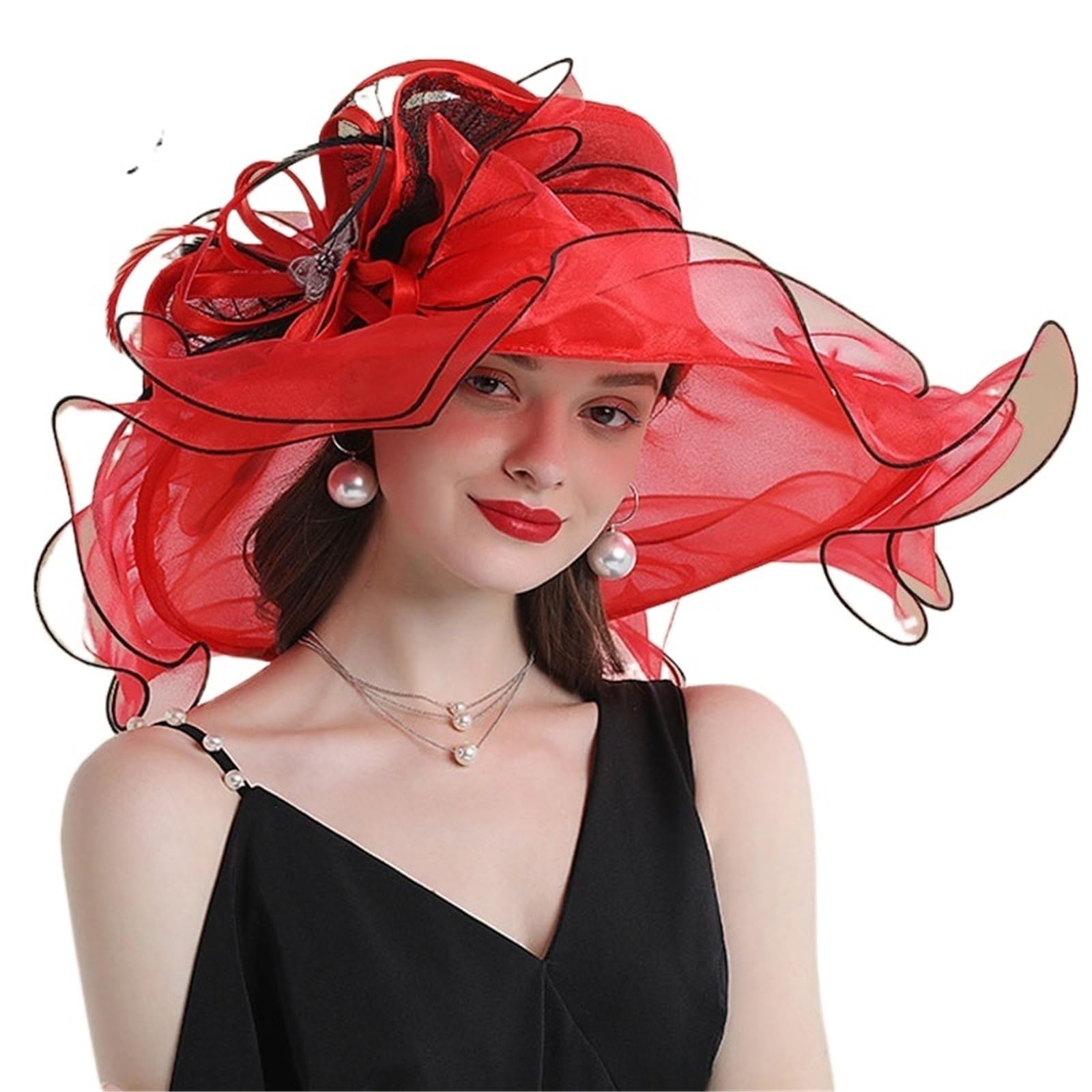 Cappelli da Fascinator a Tesa Larga Grande for Donna, Cappello Fedora in Organza, Fiore Bianco, Sole, Matrimonio, Tea Party, Chiesa