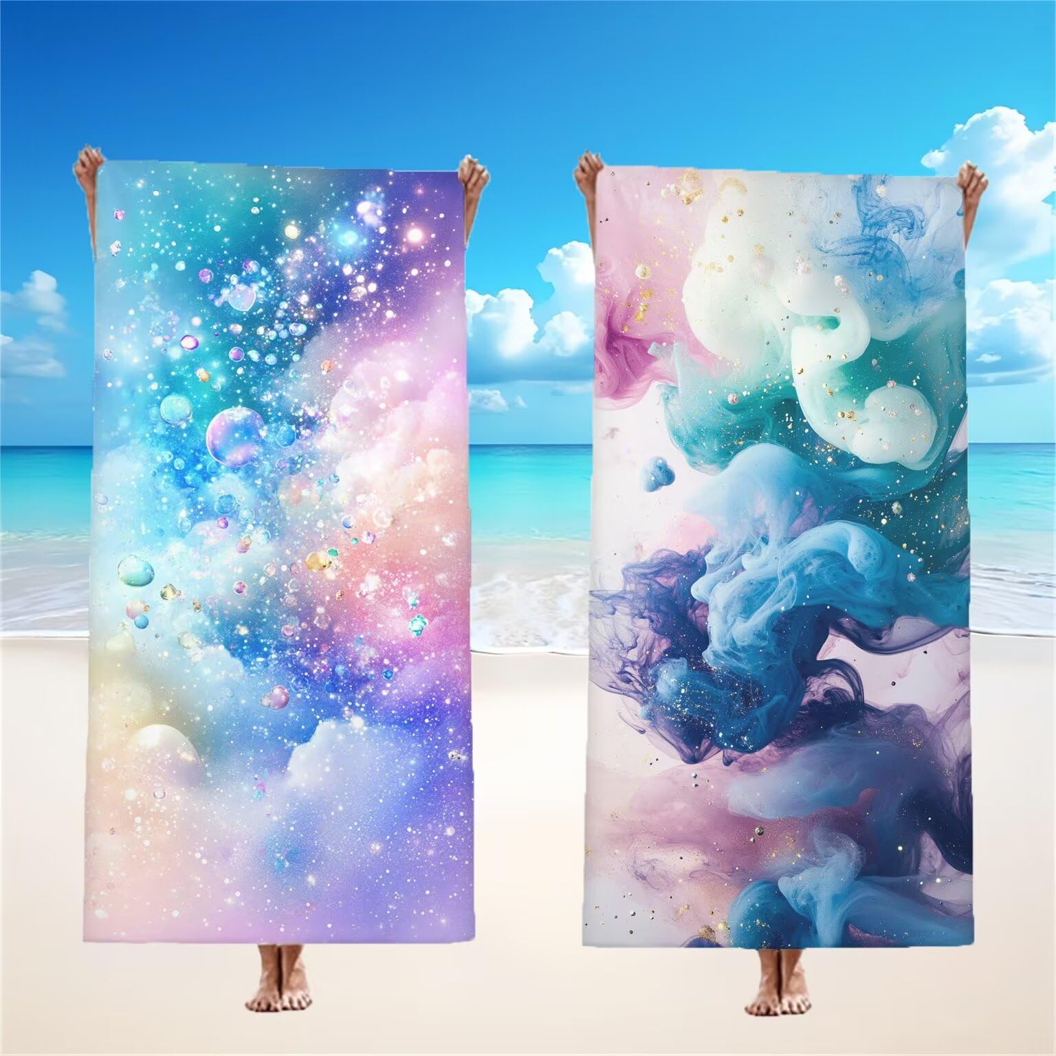 Serviette de Plage 90x180cm, Rêve Serviette Microfibre Lot de 2 Couleur Motif Ultra Absorbantes Séchage Rapide Anti Sable Légère Drap de Plage avec Bouton Pression Design pour Piscine Voyages,Model167