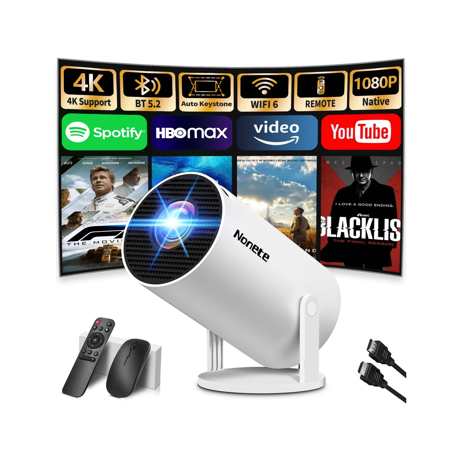 [App Integrada] Proyector Portátil, 1080P Full HD Mini Proyector Vídeo con Soporte 4k, Corrección Trapezoidal Automática, para TV Stick/USB/HDMI,Mini Proyector Vídeo
