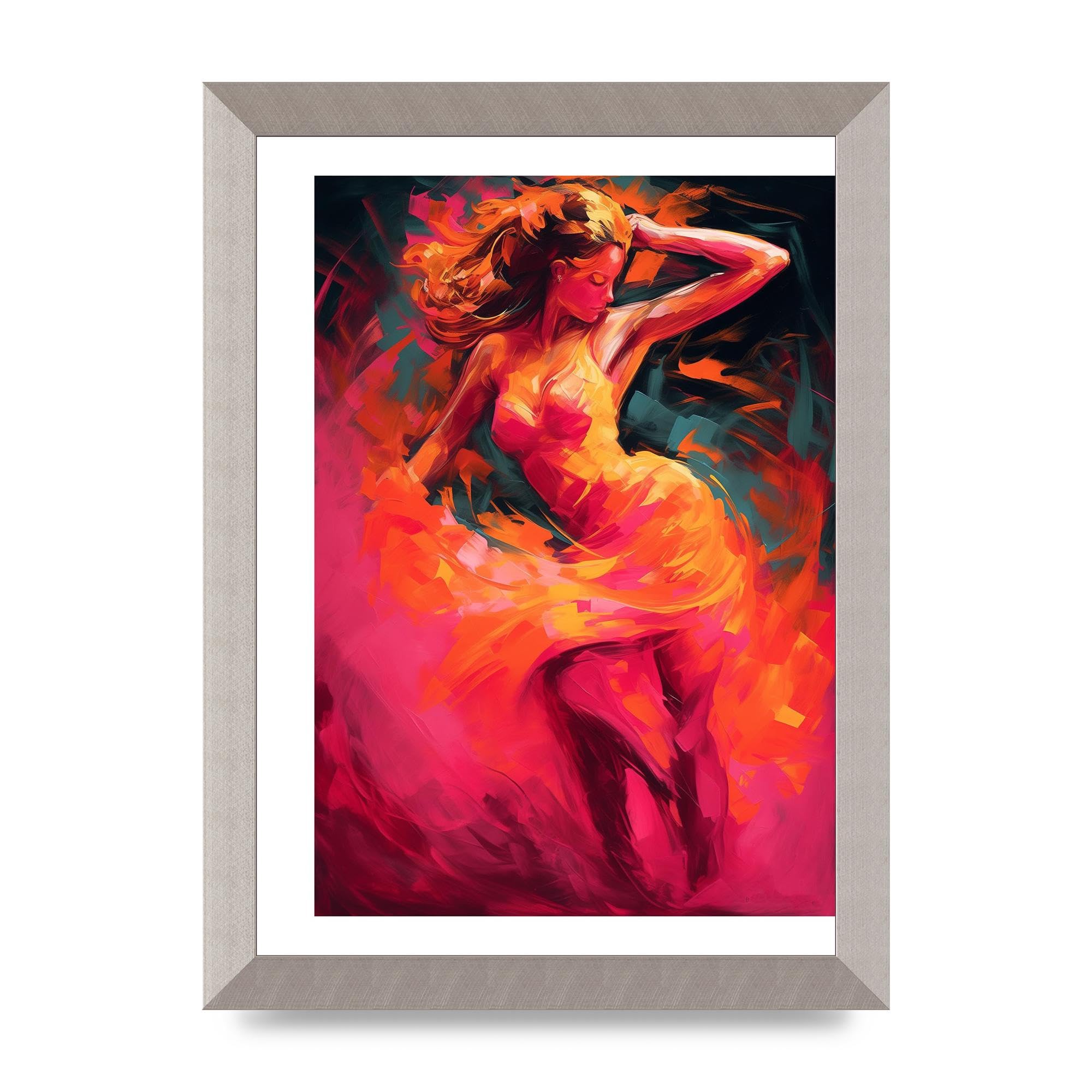 Lithobee - Salsa Dancer in Hot Pink and Tangerine Home Wall Art Prints - A4 Silver Abraded Frame