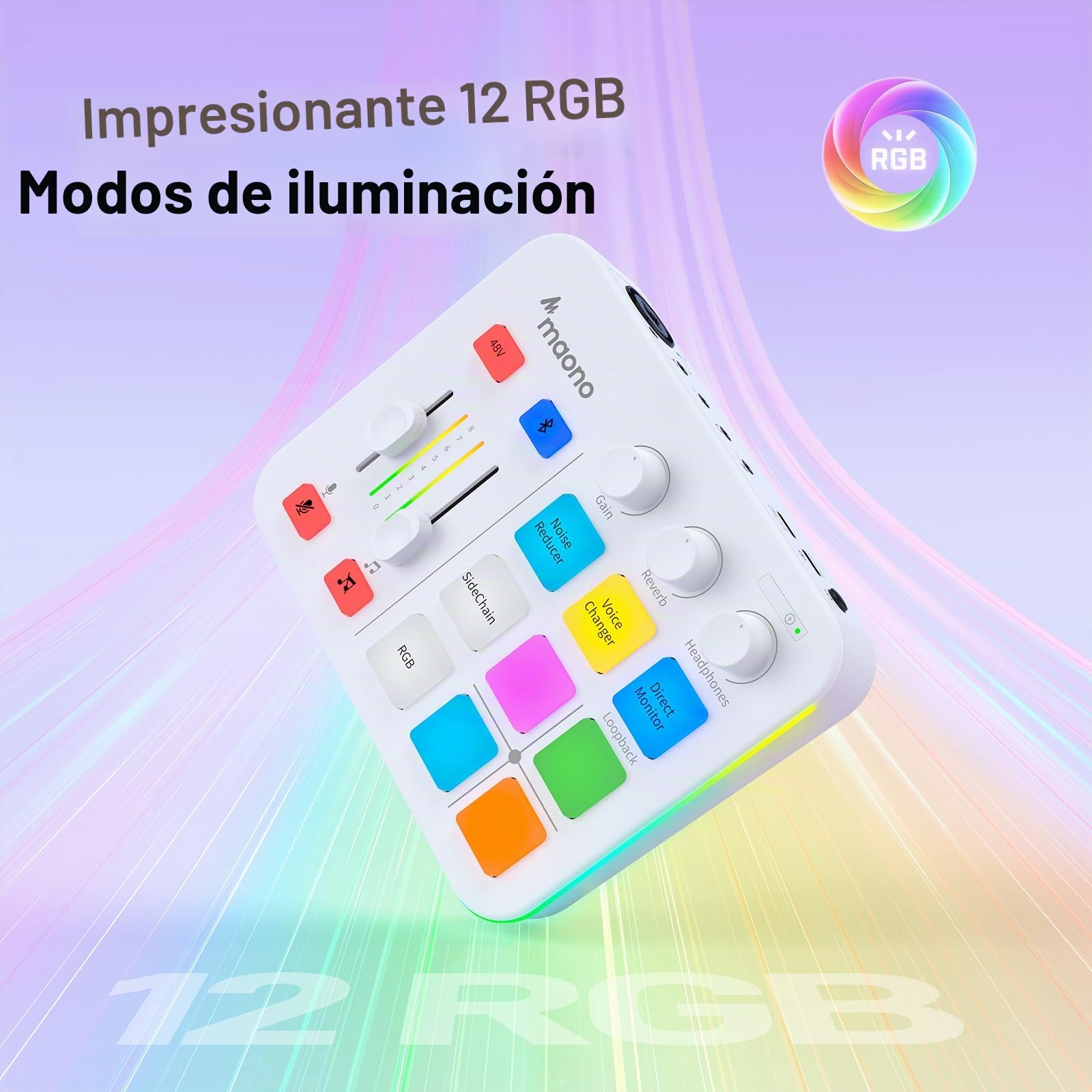 MAONO Mezclador de Audio, Interfaz de Audio con Pre-Amplificador Profesional, RGB, Bluetooth, Alimentación Fantasma de 48V para Transmisiones en Vivo, Podcasting, Creación de Contenido, Gaming
