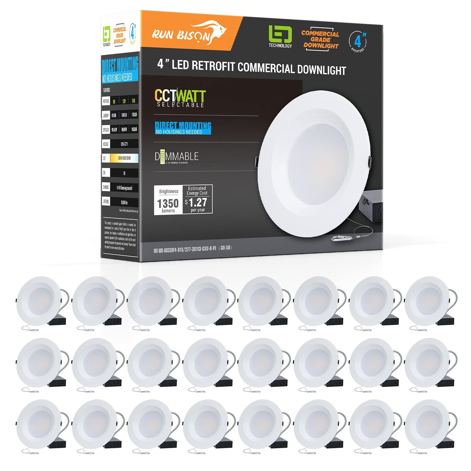 Run Bison 4 Inch Recessed LED Commercial Downlight with J-Box, Wattage Adjustable 9/12/15W,3 Color Selectable 3000K-5000K, 120-277V,0-10V Dimmable, IC Rated,Canless LED Downlight - 24 Pack