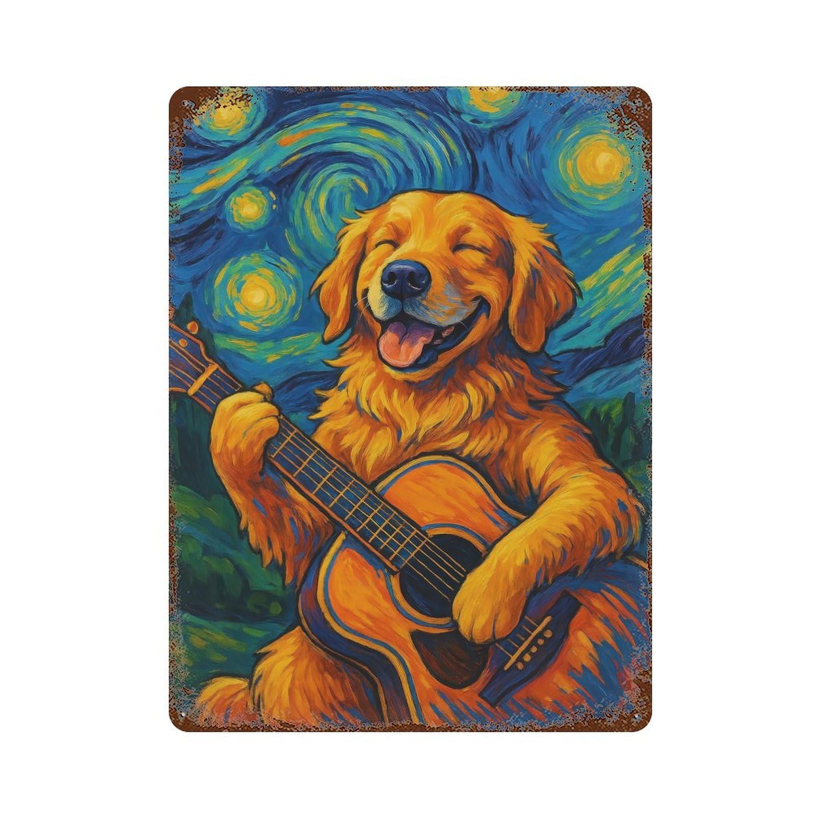 Rust Effect Golden Retriever Guitarist Starry Night Painting Vintage Metal Tin Sign 15.7"x11.8", Vintage Wall Decor for Office, Studio And Wall Decor