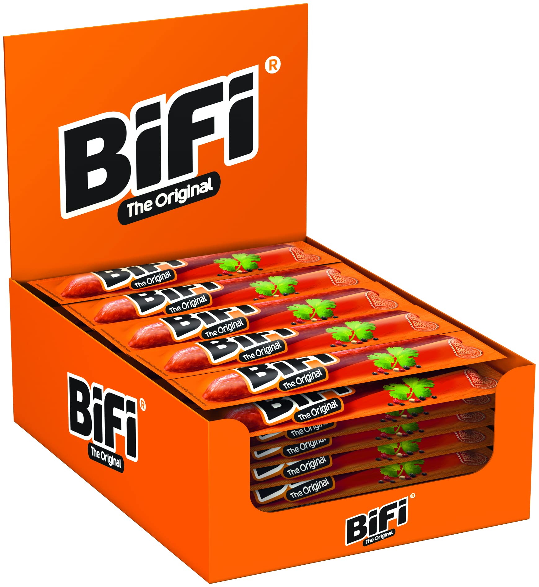 Bifi Original Salami Sticks Lot de 40 (40 X 22,5 G) Snacks à Emporter, Viande et Saucisses Séchées à L'air, Salami au Poivre, à La Coriandre et à L'ail, Boîte de Snacks, Paquet de Saucisses
