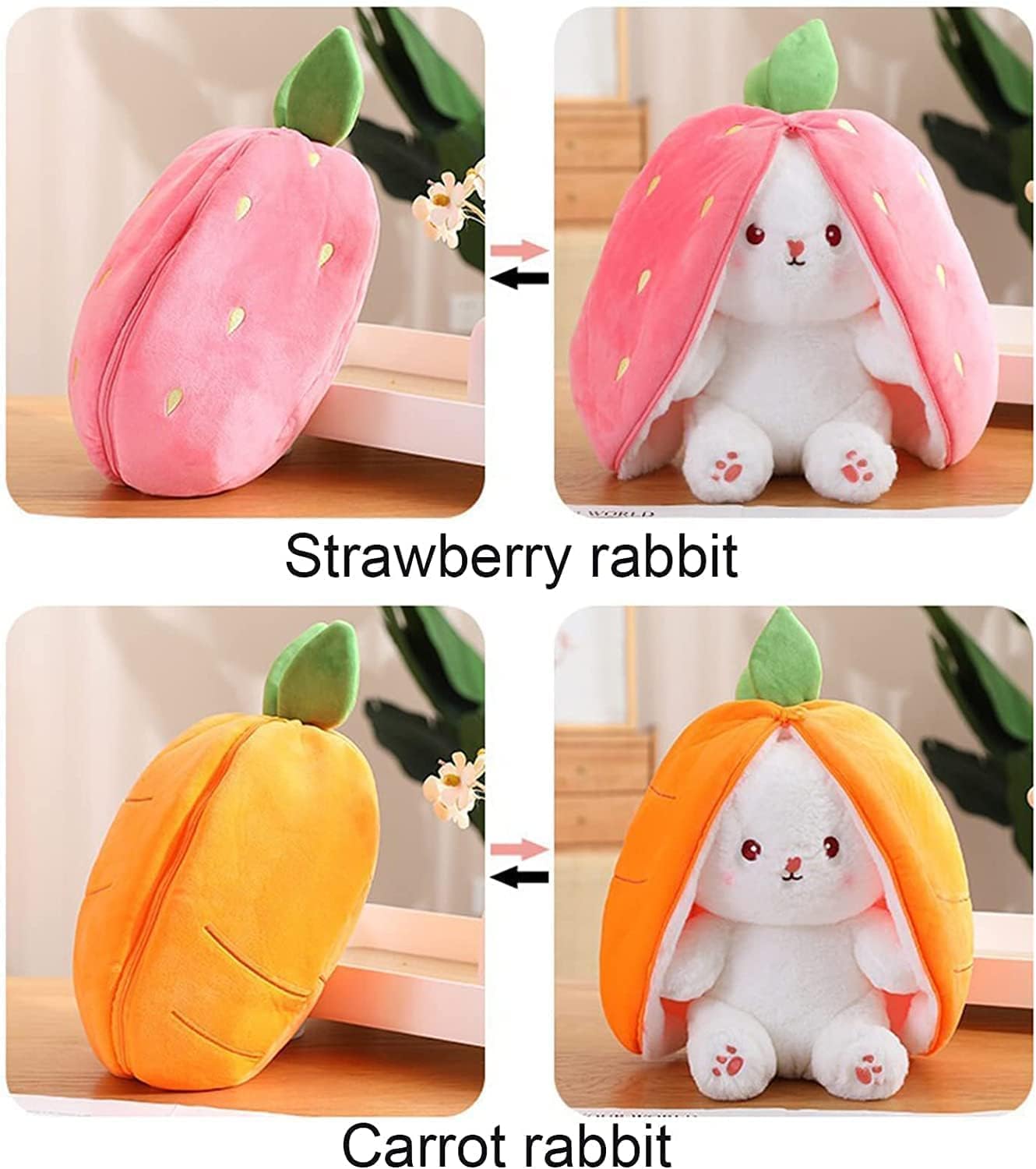 MOKRUSH Plush Toy Big 34 CM Pillow, Reversible,Cute Rabbit Sofa Pillow, Easter Bunny Stuffed Animal Cute Rabbit Plushie Birthday Gift for Boys Girls and Kids (Strawberry + Carrot) 1