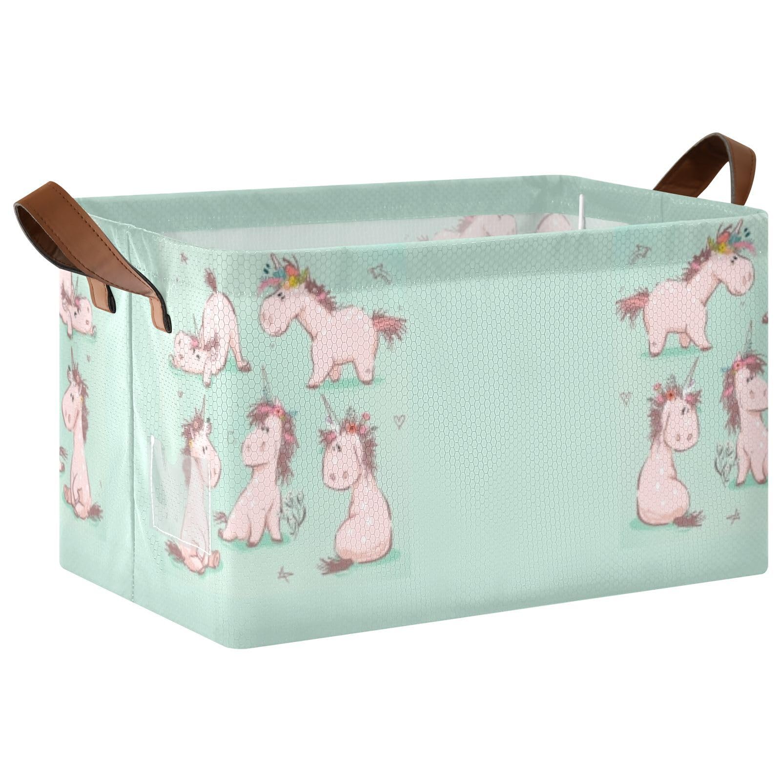Seamless Cute Cartoon Pink Fairytale Unicorn Horse on Turquoise 1PC Rectangle Foldable Frame Basket Leather Handles Storage Bin for Laundry Bathroom Organizer M 16.9 x 11.4 x 10 inch
