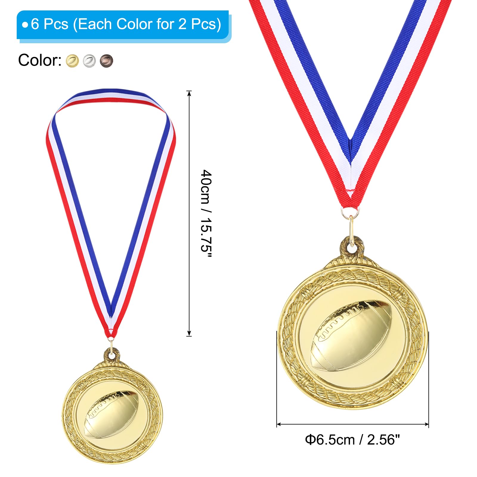 PATIKIL 2" Gold Silver Copper Rugby Medals, 6 Pack Rugby Award Medals with Ribbon Red White for Games Sports Competitions - Image 2
