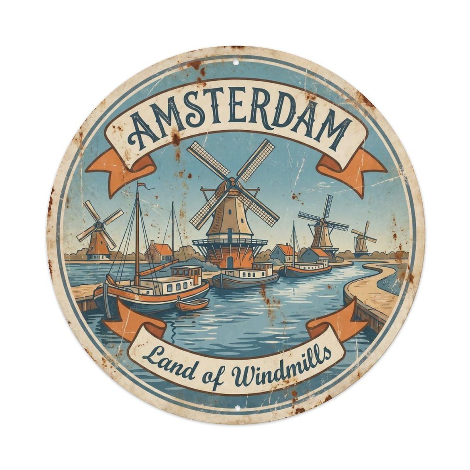 Vintage Travel Amsterdam Windmill Canal Metal Tin Sign Plaque