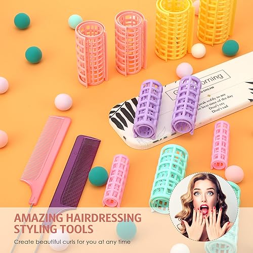 Miniatura 5 de 36 rodillos de pelo, 5 tamaños, rodillos de plástico de autoagarre con 2 peines de acero para cabello corto, largo sin calor, herramientas de