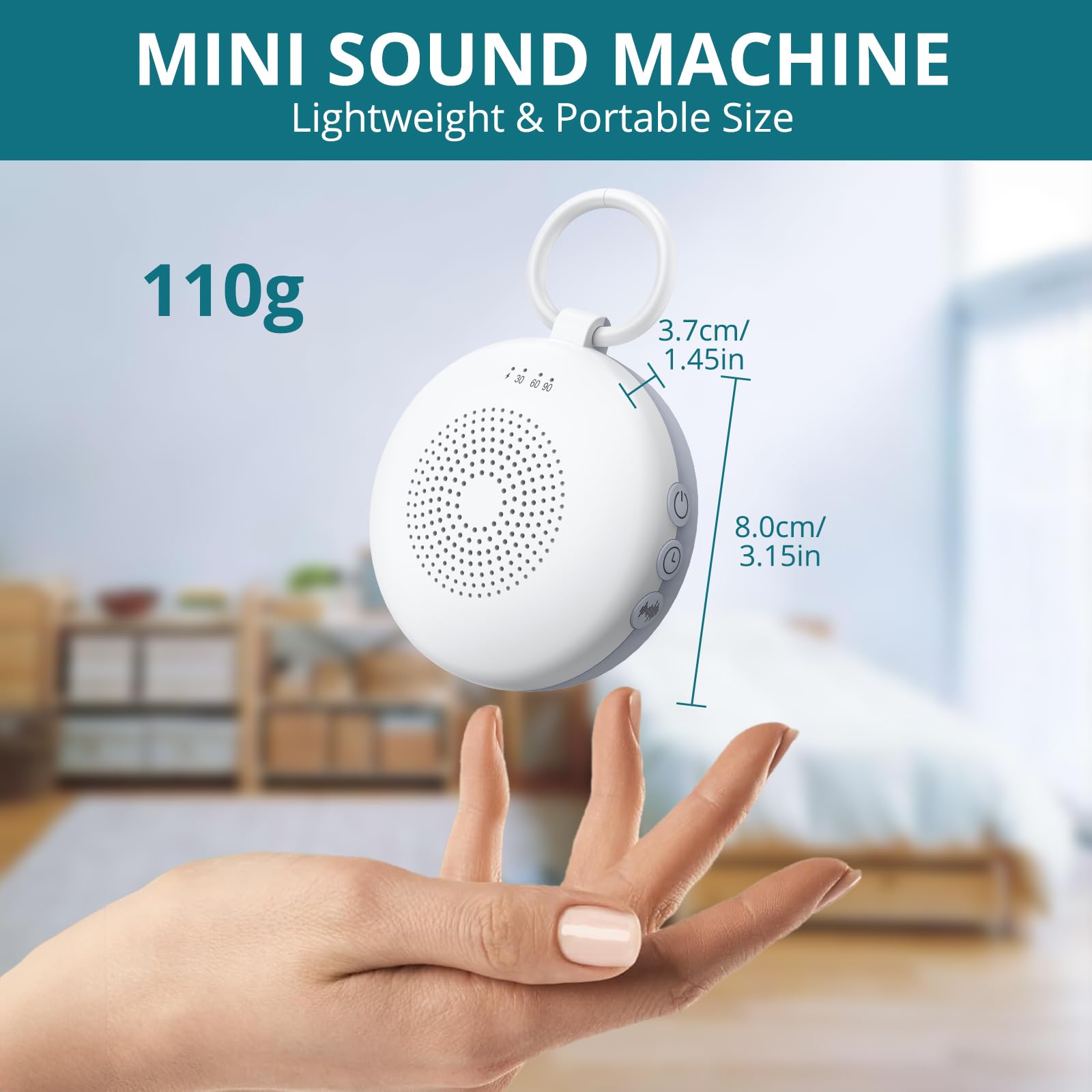 Machine à Bruit Blanc Portable avec 12 Sons Apaisants, Veilleuse et Fonction Mémoire, Appareil de Sommeil à Bruit Blanc avec Minuterie, Rechargeable, sans Fil, pour Bébé, Adulte, Méditation