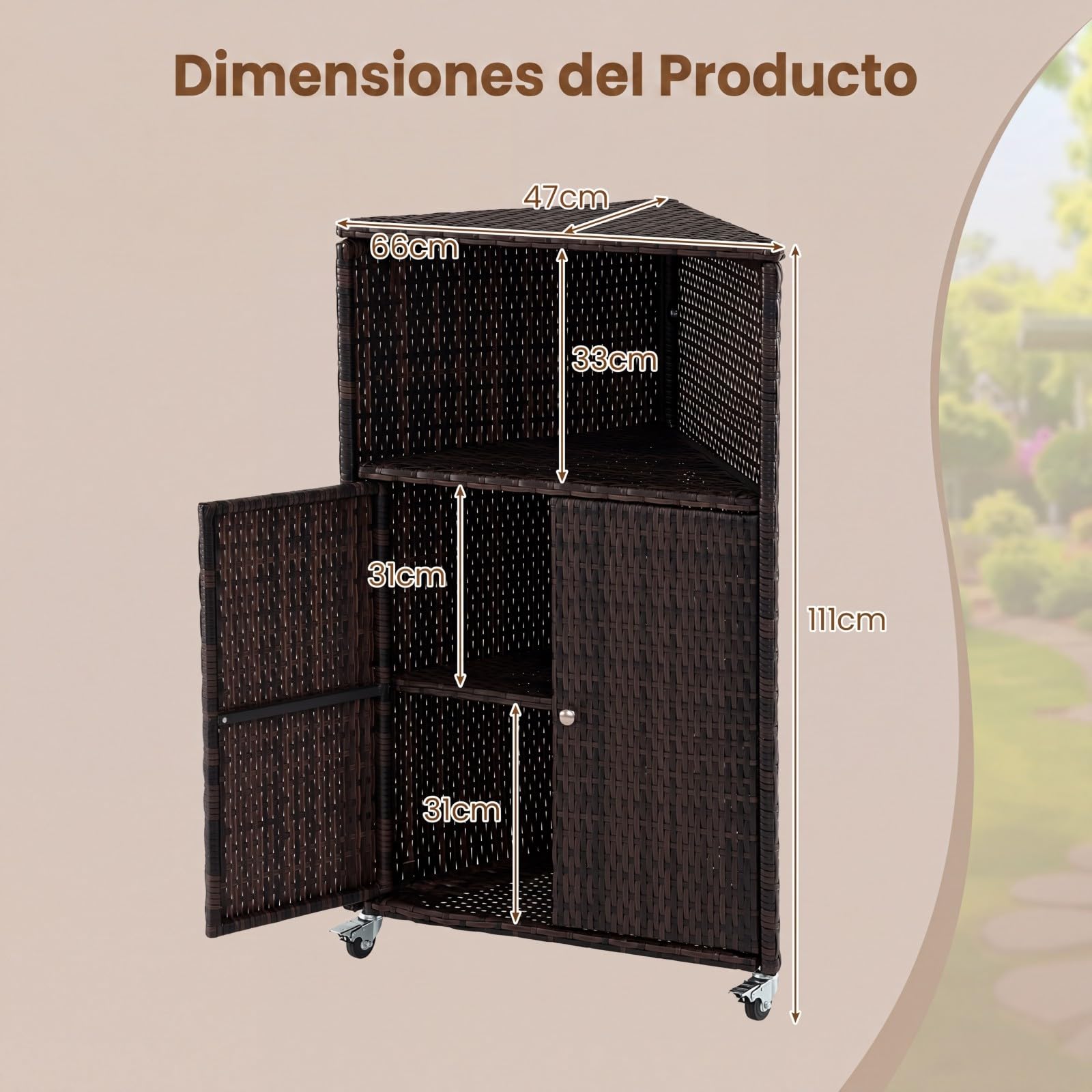COSTWAY Armario de Ratán para Exterior, Mueble de Almacenamiento con Ruedas, Compartimento Abierto, Armario de 2 Niveles con Puertas, Aparador Rodante para Patio, Jardín, Terraza