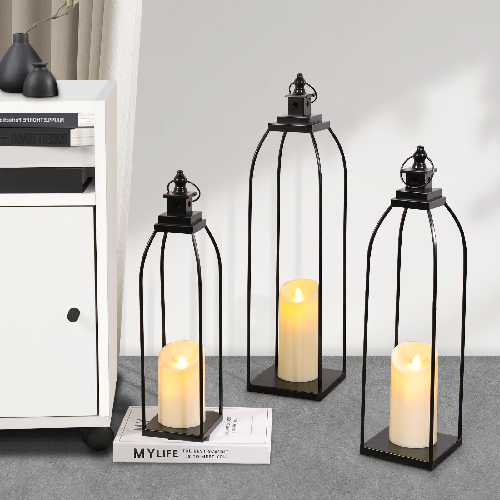 DARJEN 3 Pcs Black Metal Decorative Candle Lantern Set, 16'' 19'' 22'' Modern Lantern with 3 Flameless Candles for Indoor & Outdoor, Decorative Large