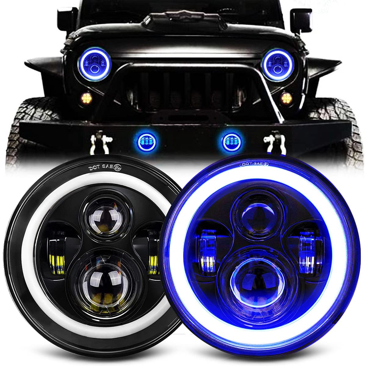 MGLLIGHT7 Inch LED Headlights with Blue Halo Amber Turn Signal Lights H6024 LED Headlamps High/Low Sealed Beam Projector Compatible with Wrangler JK LJ CJ TJ with H4 H13 Adapter, 2PCS Blue