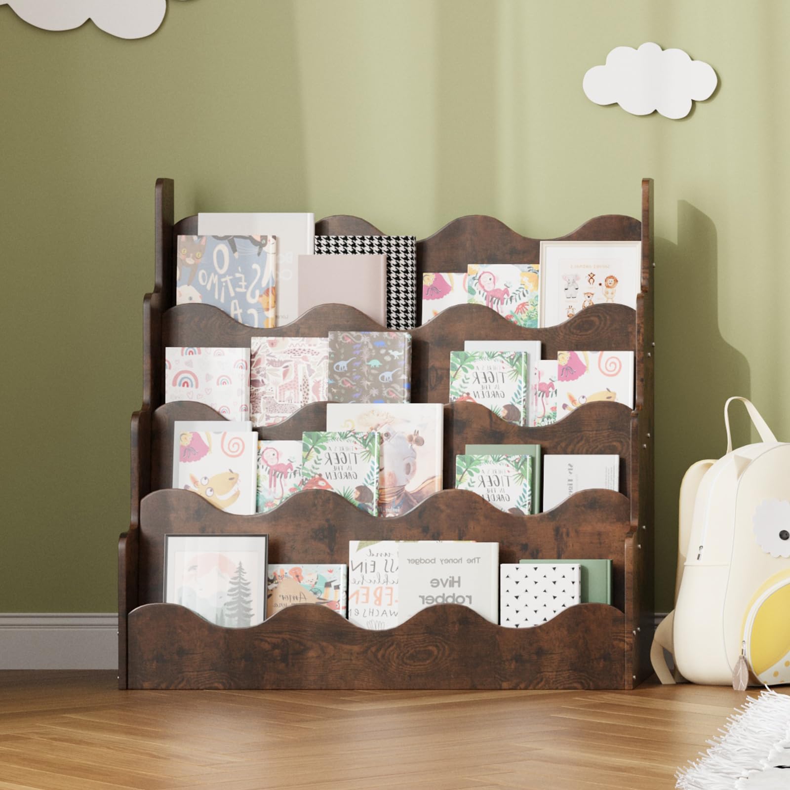 KEEPREAPER Kinder Bücherregal aus Kieferholz, Montessori Kinderregal mit 4 Ablagen, für Kinderzimmer Spielzimmer, 80x38x80cm (Braun-Welle)