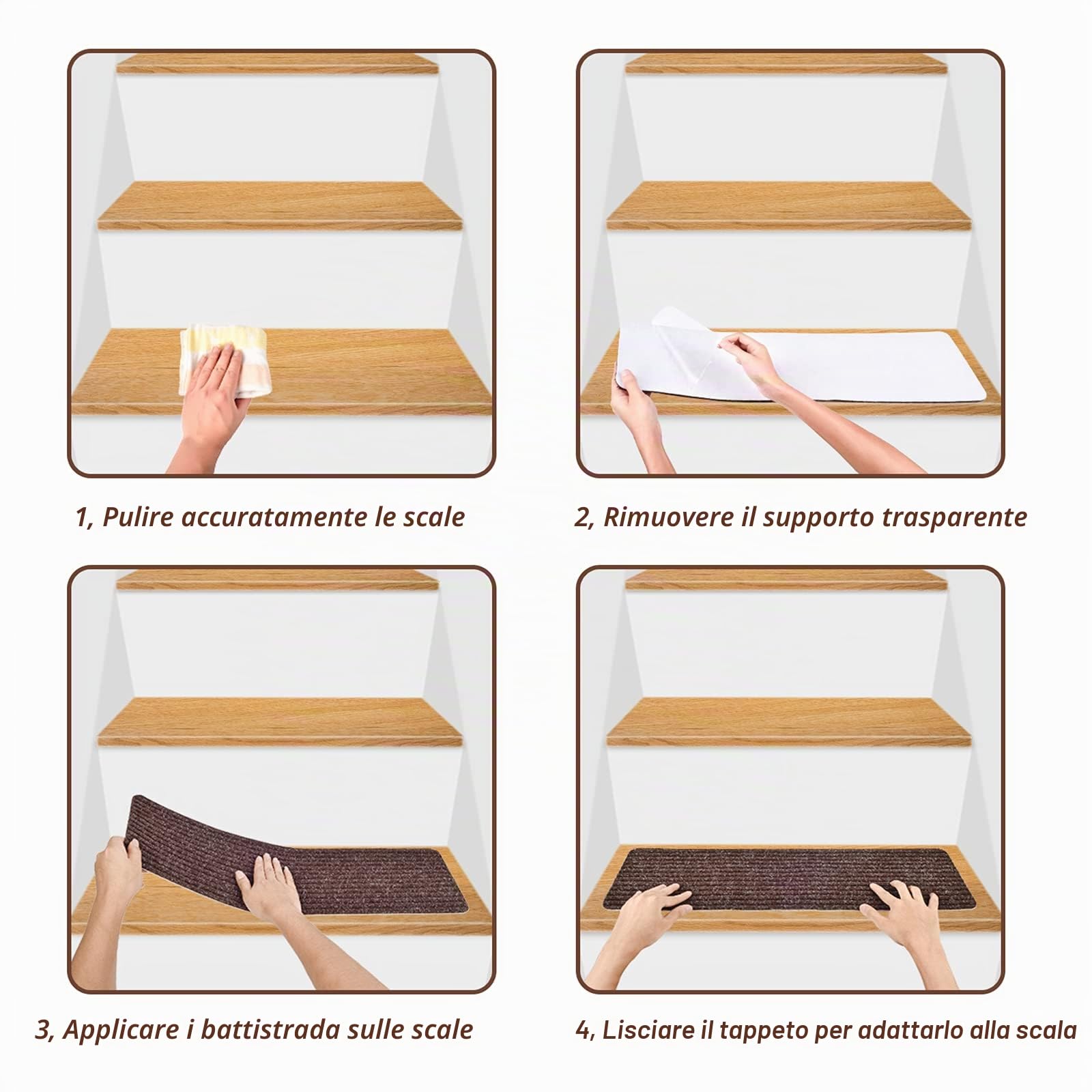 MBIGM 15 Tappetini per Scale (20 x 76 cm) Tappetino Antiscivolo di Sicurezza Runner Interno Antiscivolo per Bambini, Anziani e Animali Domestici con Adesivo Riutilizzabile, Marrone