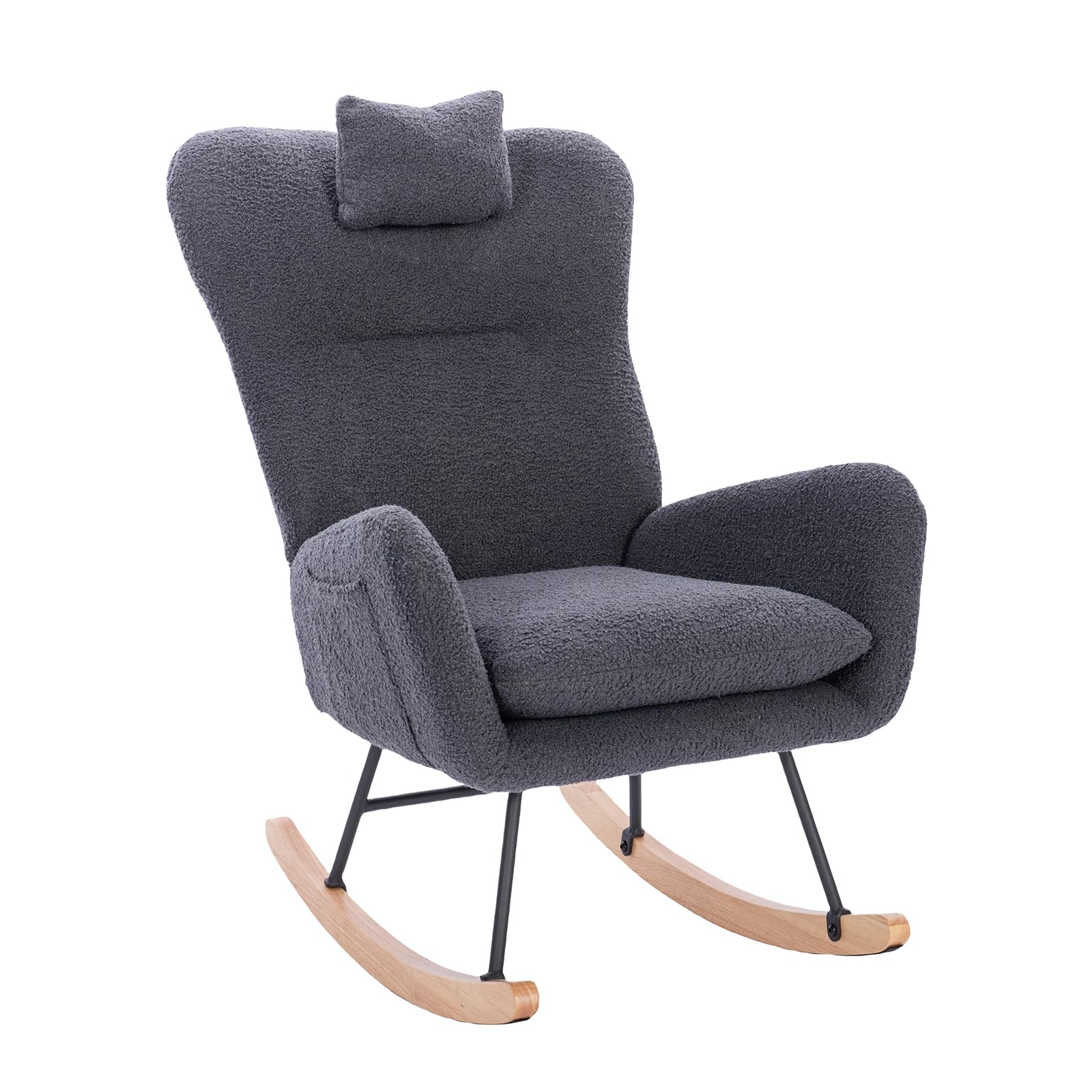 Nursery Rocking Chair for Adults,Teddy Upholstered Ergonomic Glider Rocker Chair with High Backrest Sturdy Steel & Wood Frame Easy Assembly Ideal for Living Room & Small Spaces (Dark Grey)