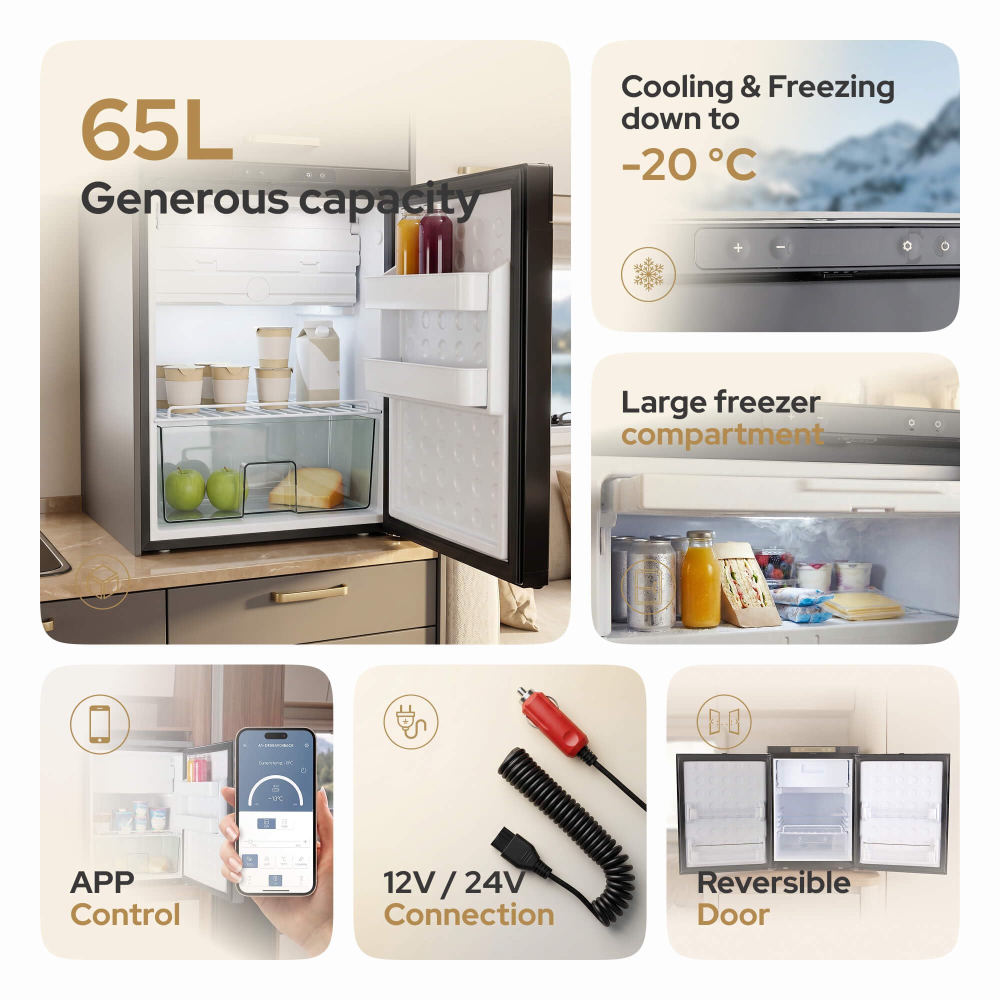Arebos Lodówka Kompresorowa do Kampera 65L z Zamrażalnikiem | Sterowanie APP | 12V/24V | Chłodzenie do -20°C | Odwracalne Drzwi | Lodówka do Kampera, Auta i Ciężarówki