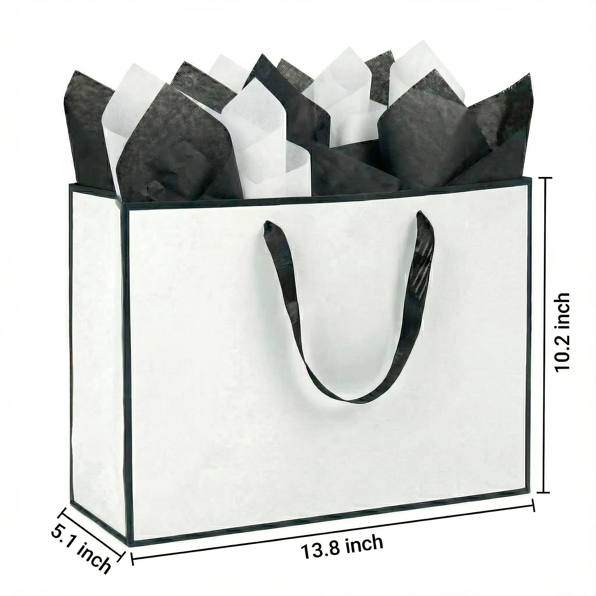 JUNESHE Lot de 3 grands sacs cadeaux blancs et noirs de 35,1 cm avec poignées assorties en papier de soie blanc et noir pour fête, shopping, anniversaire, mariage