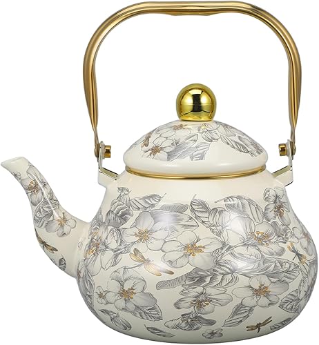 Cabilock Tetera esmaltada vintage de 2.1 cuartos de galón, tetera esmaltada floral con mango de porcelana de tacto fresco para estufa, decoración