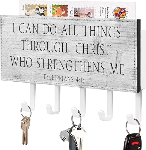 Llavero con texto en inglés "I Can Do All Things Through Christ Who Strengthens Me" para pared, soporte para correo con versículo de la Biblia y