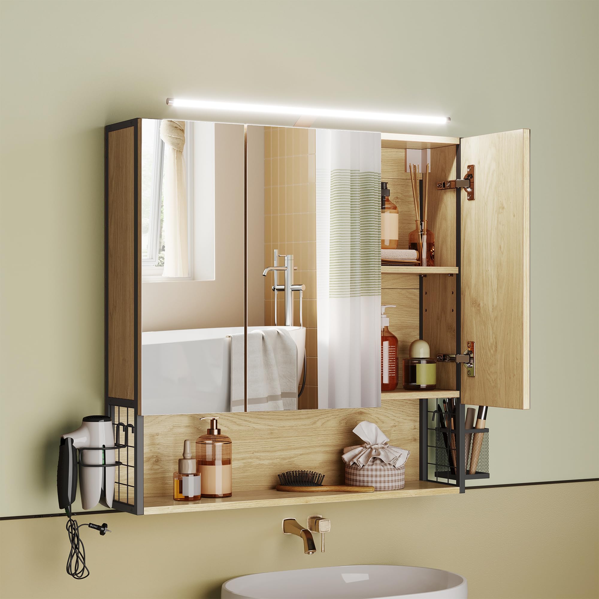 VASAGLE Armadietto da Bagno con Luce LED, Spina, Cestino Pensile, Porta Asciugacapelli, Mobile a Parete con Specchio, 14,5 x 70 x 70 cm, 3 Ante a Specchio, Rovere Naturale BBK124Y01