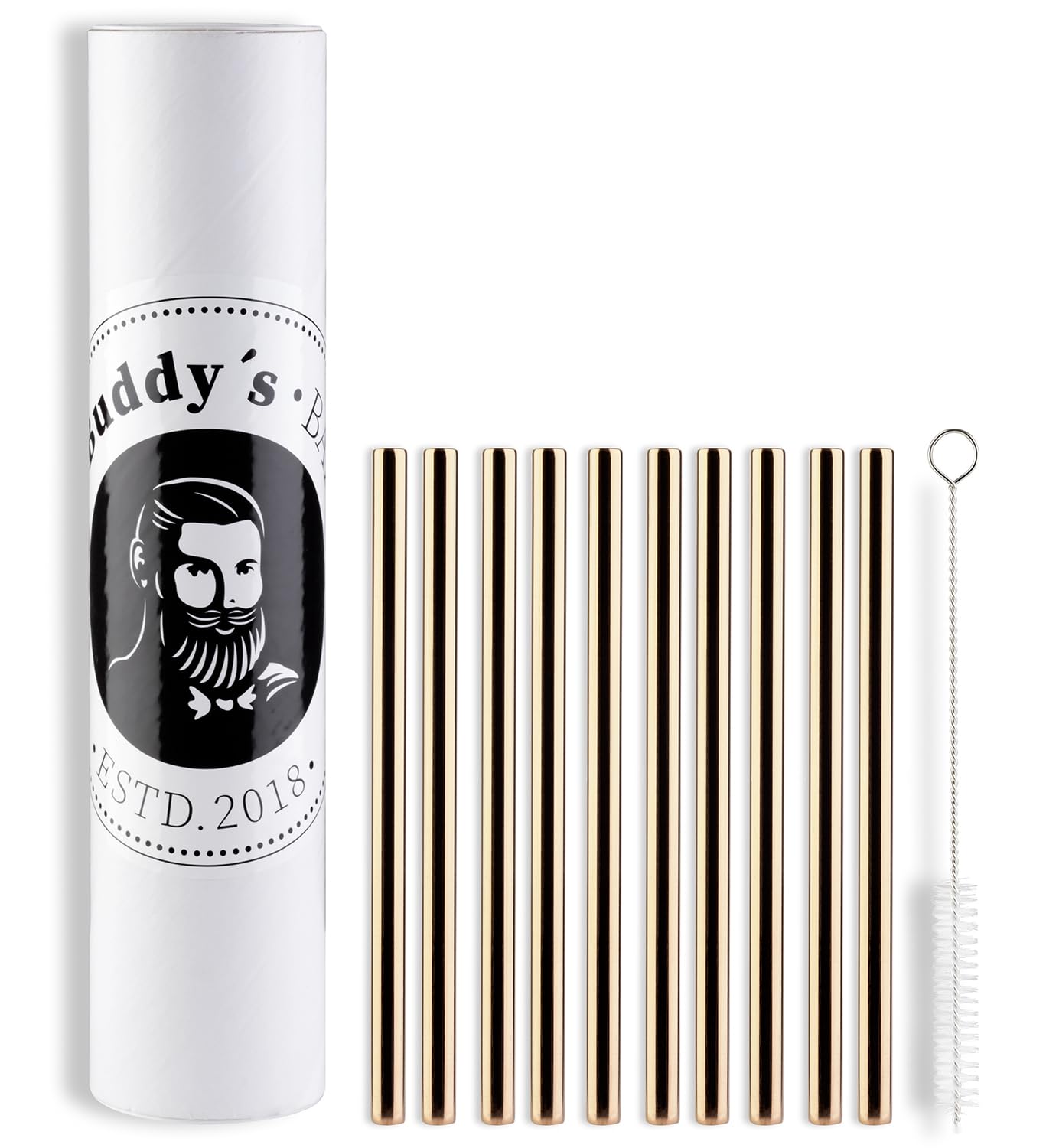 Buddy's Bar - Słomki wielokrotnego użytku, 6 słomek w zestawie + szczoteczka do czyszczenia, można myć w zmywarce, przyjazne dla środowiska, nie zawierają plastiku, długość 15 cm, wygląd miedziany