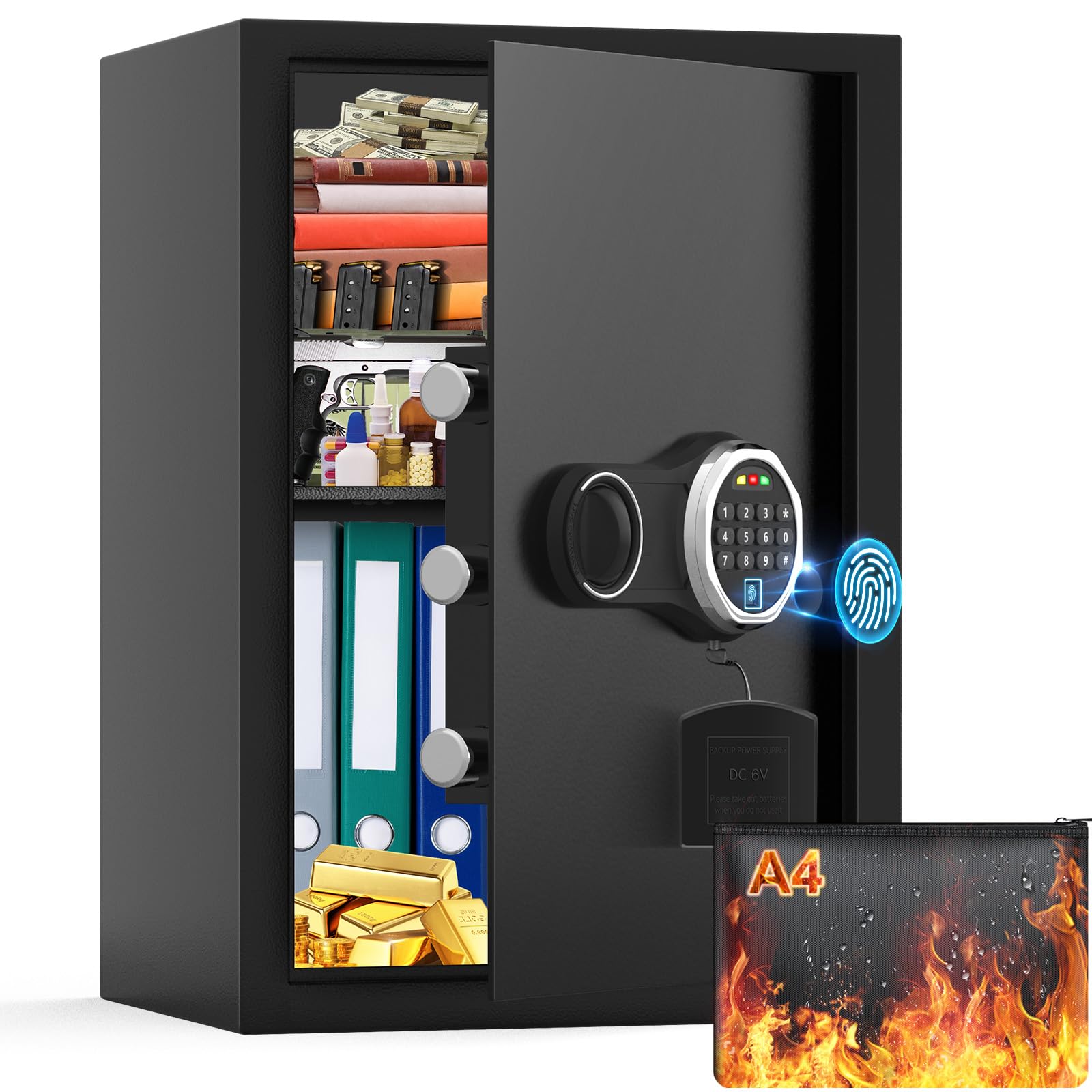 50L Large Biometric Safe Box with Fireproof Document Bag, Personal Fingerprint Safe with 3 Removable Shelf, Anti-Theft Security Home Safes for Documents Jewelry Money Valuables