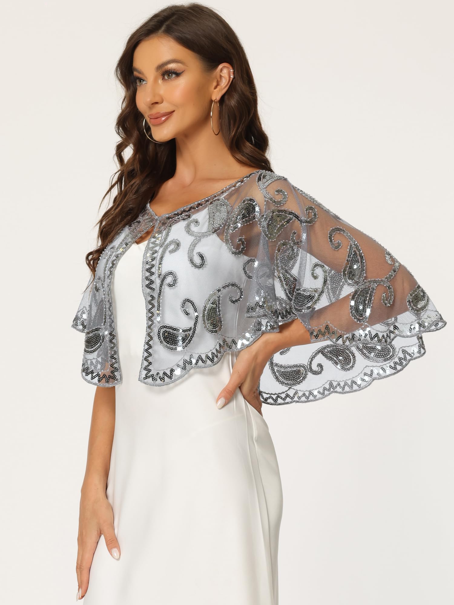Allegra K Women's 1920s Shawl Wraps Sequin Beaded Bridal Cover Up Evening Cape Flapper Bolero Medium Gray - Image 3