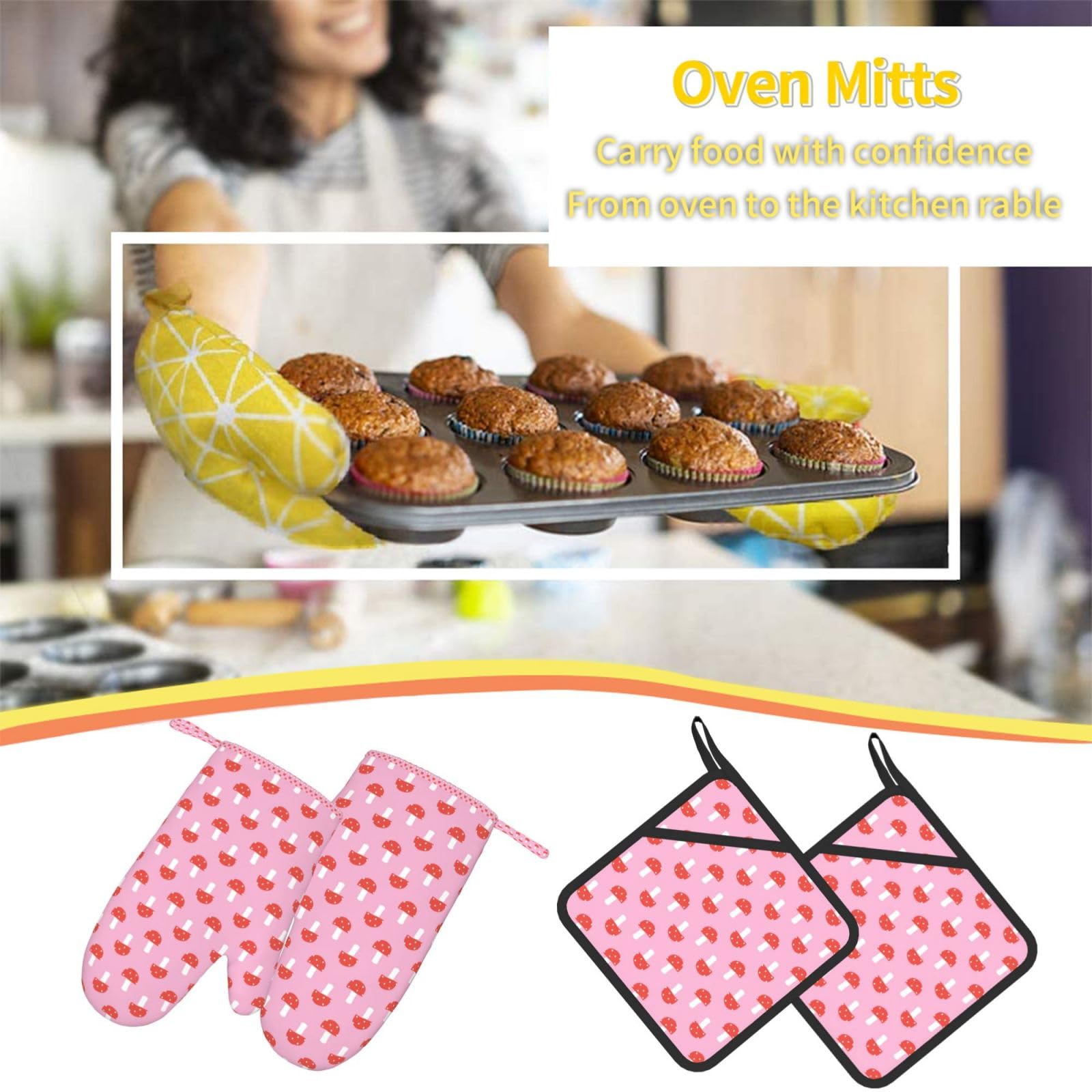 Ensemble de Quatre Gants et maniques résistants à la Chaleur, Gants de Cuisine antidérapants, maniques de Four, Motif Champignons Rose et Rouge