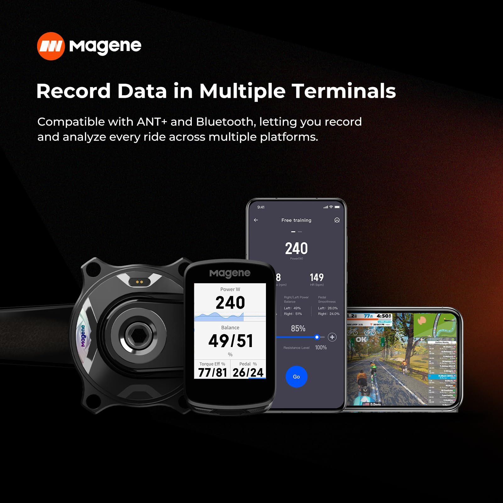 Magene TEO Guarnitura P515 Misuratore di Potenza, 4 bulloni, 110BCD, Perno da 29 mm, Ant/Bluetooth, Pedale di Cadenza, Bilanciamento, Guarnitura in Carbonio