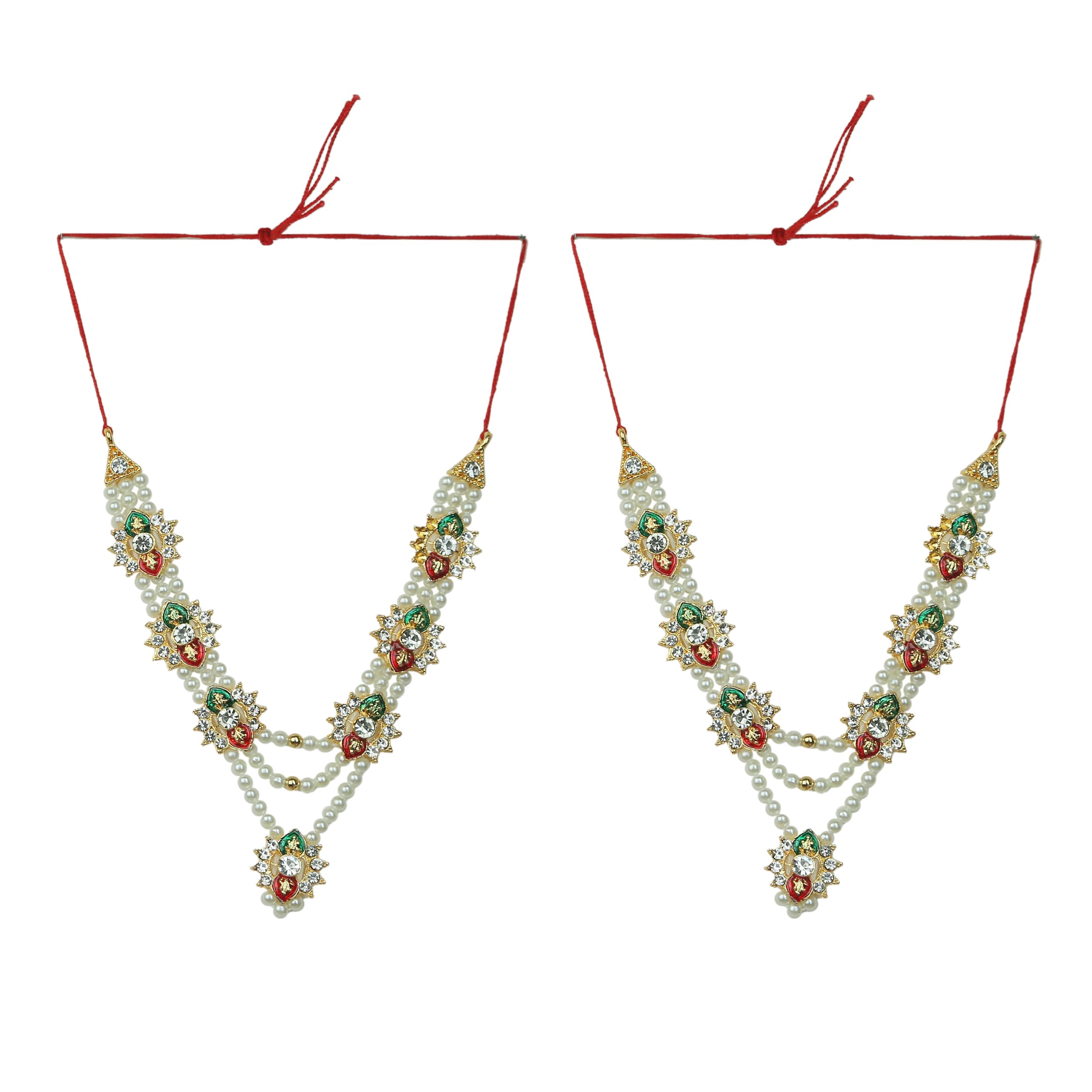 Set of 2 Mala Moti Beads Mala Set for Laxmi Ganesh Devi Maa Radha Krishna Puja Goddess Haar Sringar Set Deities jewellery for Traditional Navratri Festival God Idol Statue(Size:-3")(Multicolor)