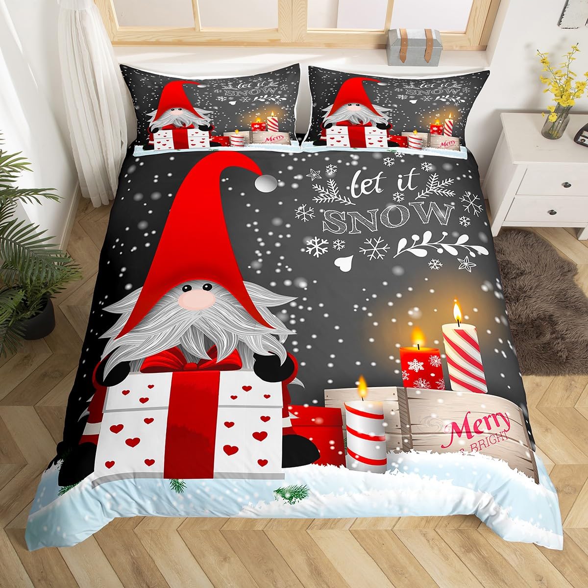 Erosebridal Xmas Bedding Sets Scandinavian Christmas Santa Gnomes Comforter Cover Snowing Santa Claus Bedding Sets for Kids Boys Girls Romantic Candlelight Quilt Cover 3 Pieces Full Size