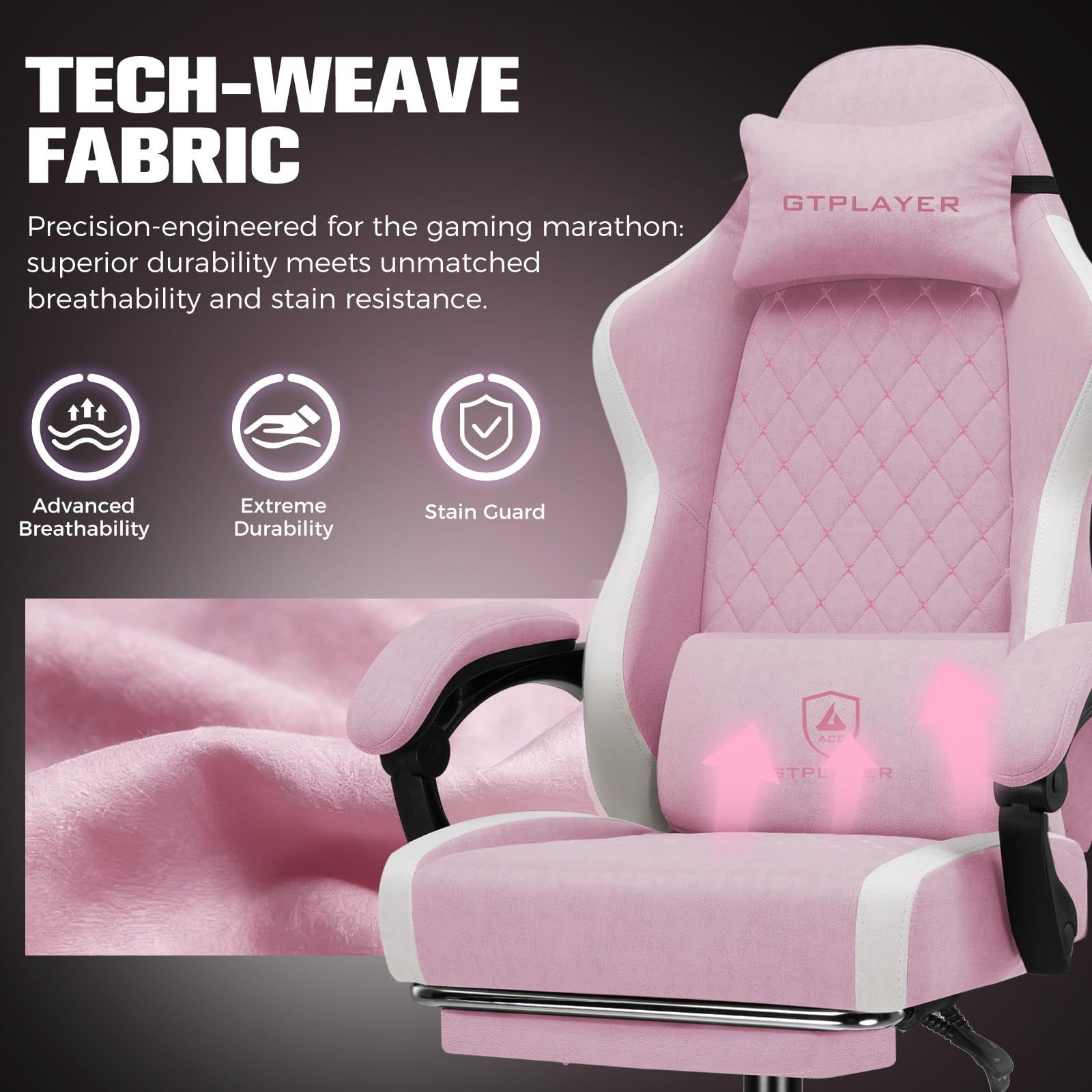 GTPLAYER Silla de Gaming ergonómica, Silla de Oficina de Tela Transpirable, Grande y Alta, giratoria, con reposapiés, Soporte Lumbar Regulable y reposacabezas, Rosa