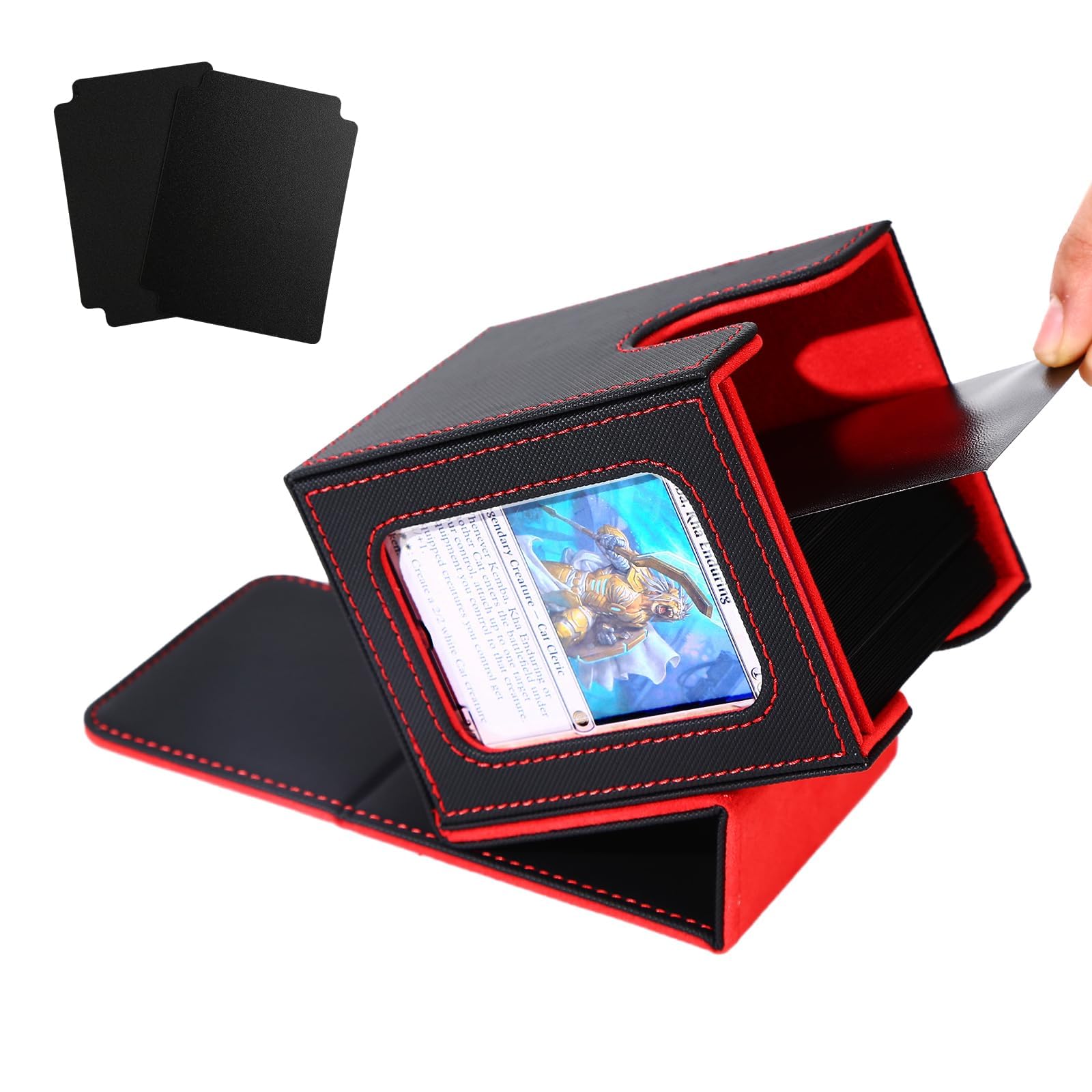 Venssu MTG Deck Box for Commander Display,Card Deck Box Fits 100 Double Sleeved Cards, TCG Card Storage Box with 2 Dividers and 1 Toploader (Black?Red)