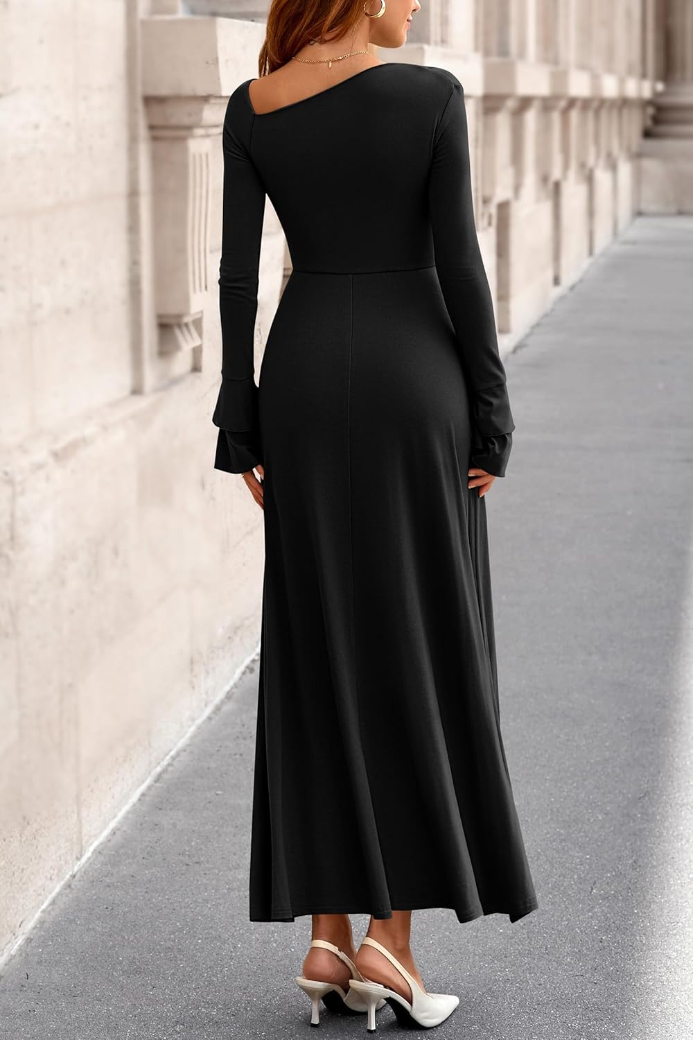 PRETTYGARDEN Womens Dresses Formal Off The Shoulder Long Sleeve Ruched Knit A-Line Maxi Wedding Guest Dress Fall Clothes - Image 5