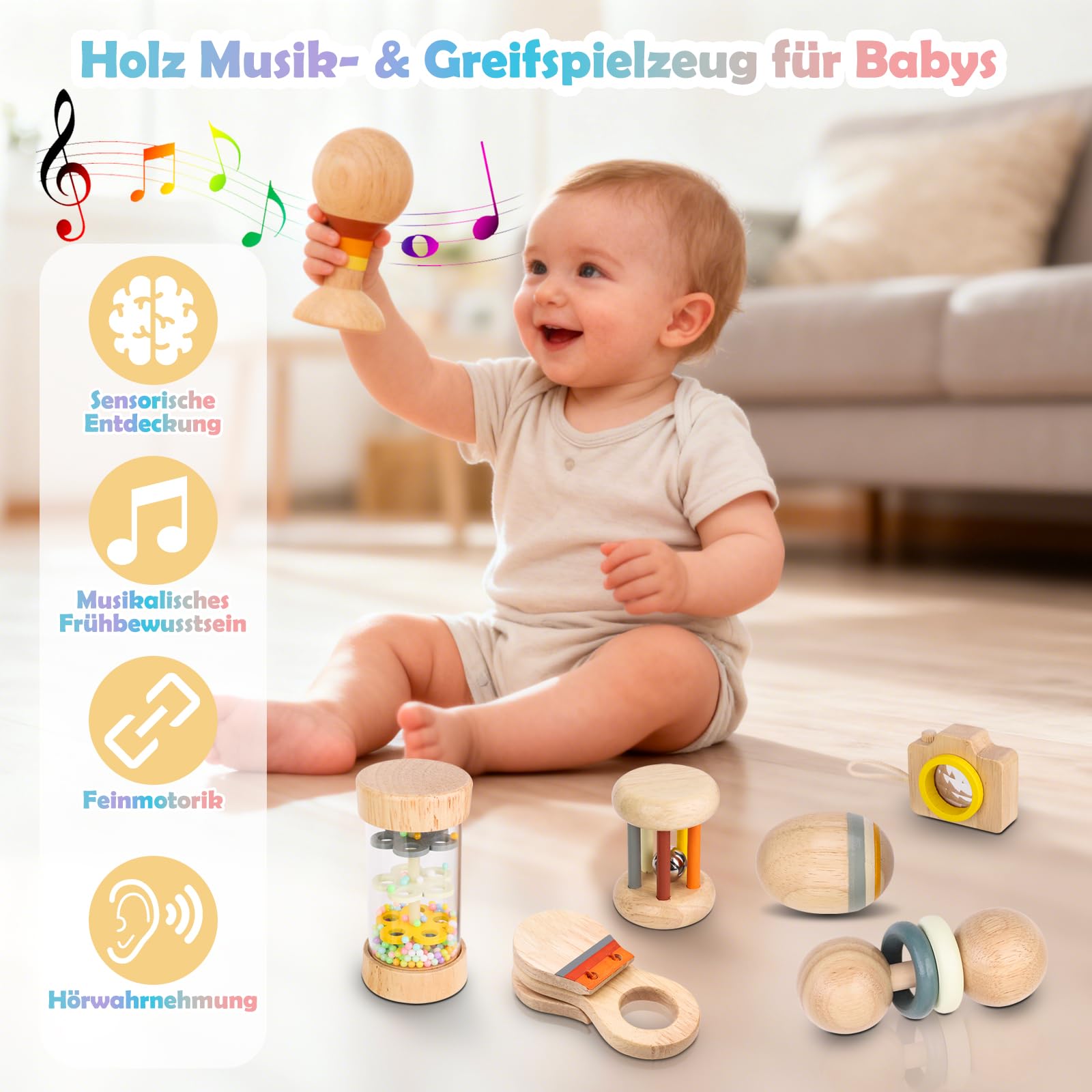 Montessori Holz Baby Spielzeug – 7-teiliges musikalisches Rassel- und Greifset aus Naturholz für 0–12 Monate, ideales Baby-Geschenkset inkl. Stoffbeutel