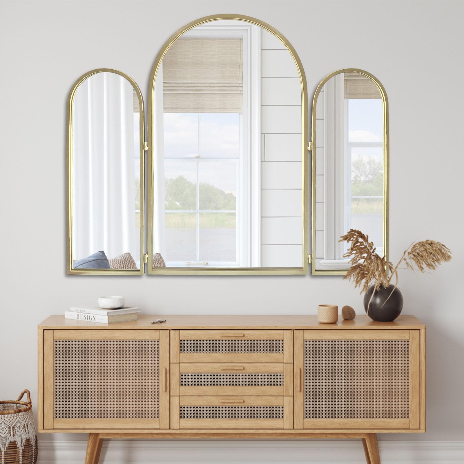 BAODANFU Dreifach gefalteter Kosmetikspiegel, 3 Wege, 76,2 x 94 cm, verstellbare Kosmetikspiegel für Badezimmer, Schlafzimmer, Champaign Golden Arch Spiegel, Wandmontage, Dekoration, Flechthaare,