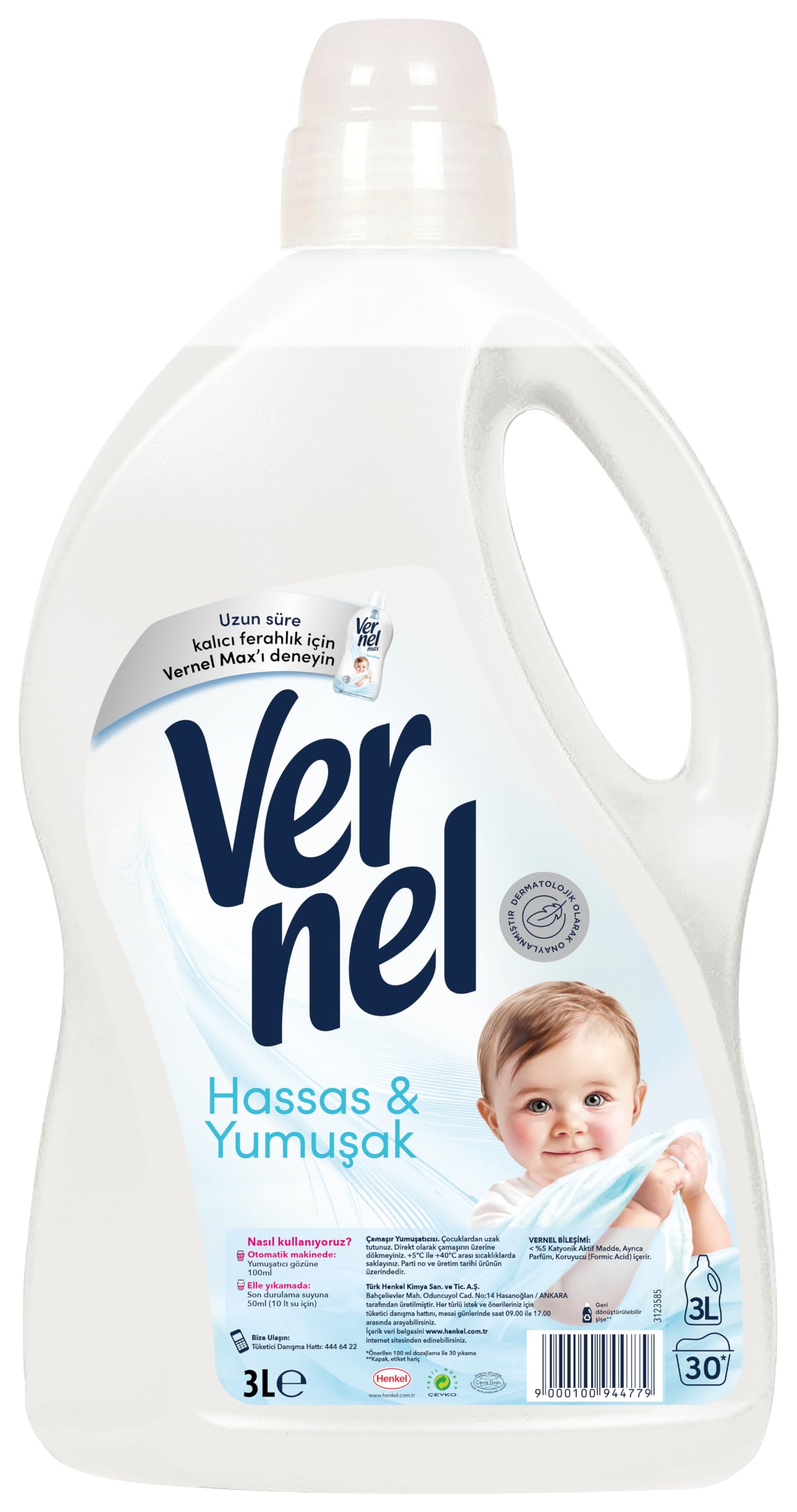 Vernel Hassas & Yumuşak Kalıcı Parfüm 30 Yıkama Çamaşır Yumuşatıcısı (1 x 3000 mL)