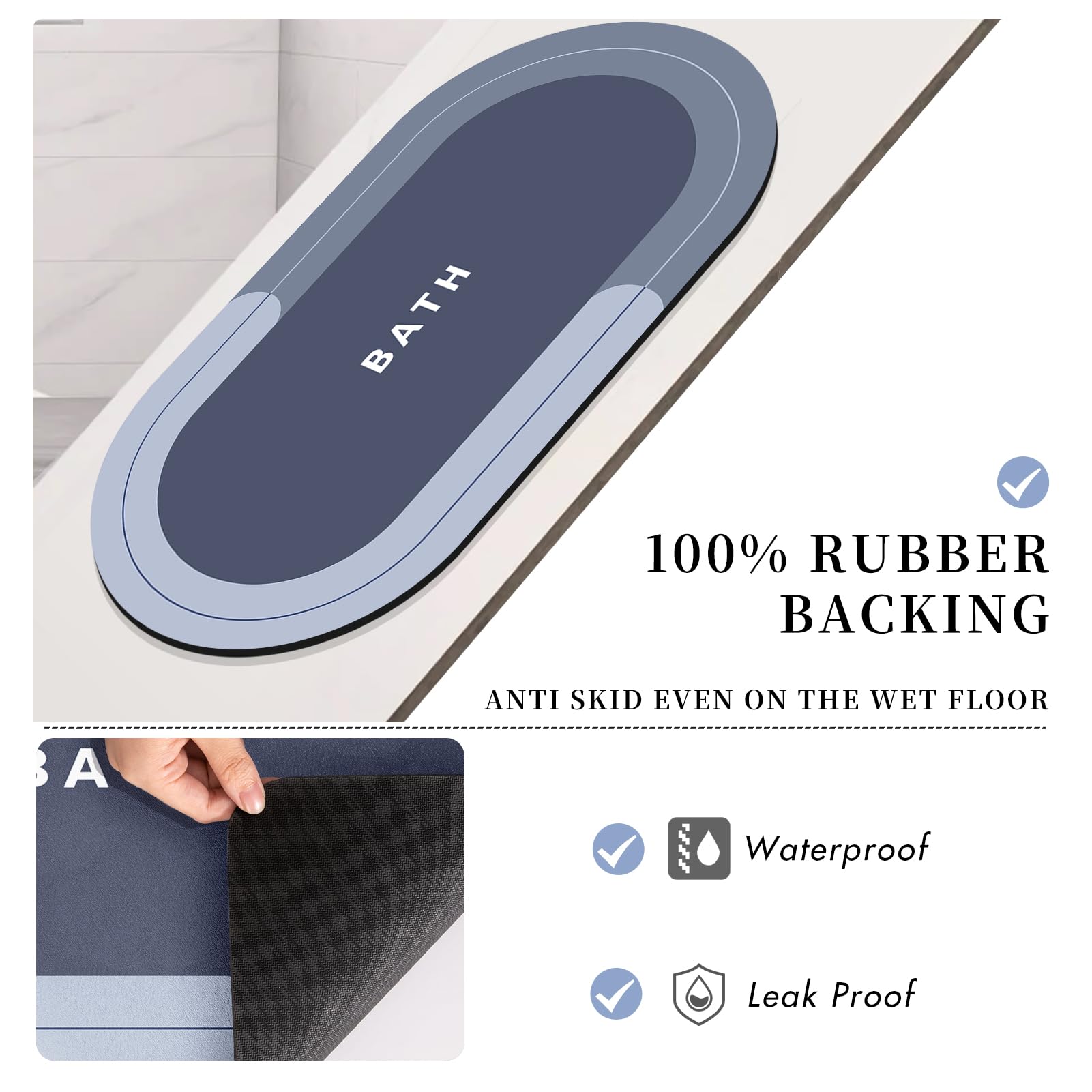Doilc Bath Mat Rug for Tapis de Bain Tapis de Salle de Bains en Caoutchouc Antidérapant à Séchage Rapide (Blue, 60 x 90 cm (Oval))