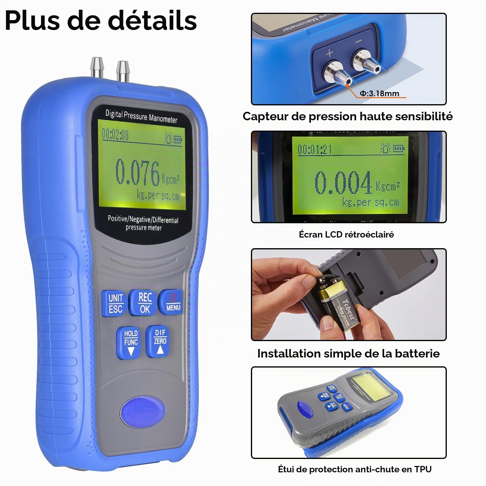 Manomètre Différentiel Numérique ±206.8KPa, Kethvoz Testeur de Pression de Gaz à Deux Ports Mesure de Pression Positive/Négative/Différentielle, avec Fonction d'alerte de Surpression, pour VMC System