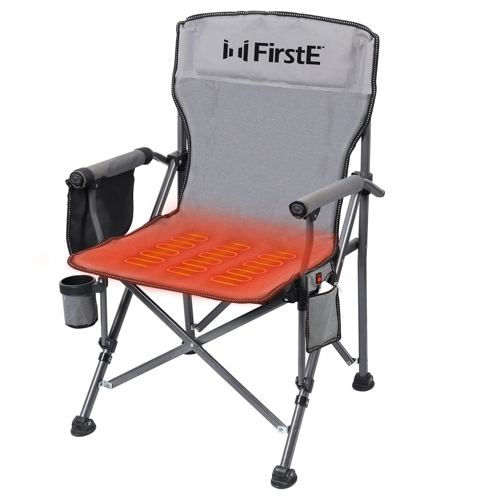 FirstEHeated Camping Chair - Heavy Duty Portable Folding Heated Chair Outdoor for Sports, Beach, Picnic. Padded USB Heated Lawn Chair with Armrest, Cup Holder, Pockets (Battery Pack NOT Included)