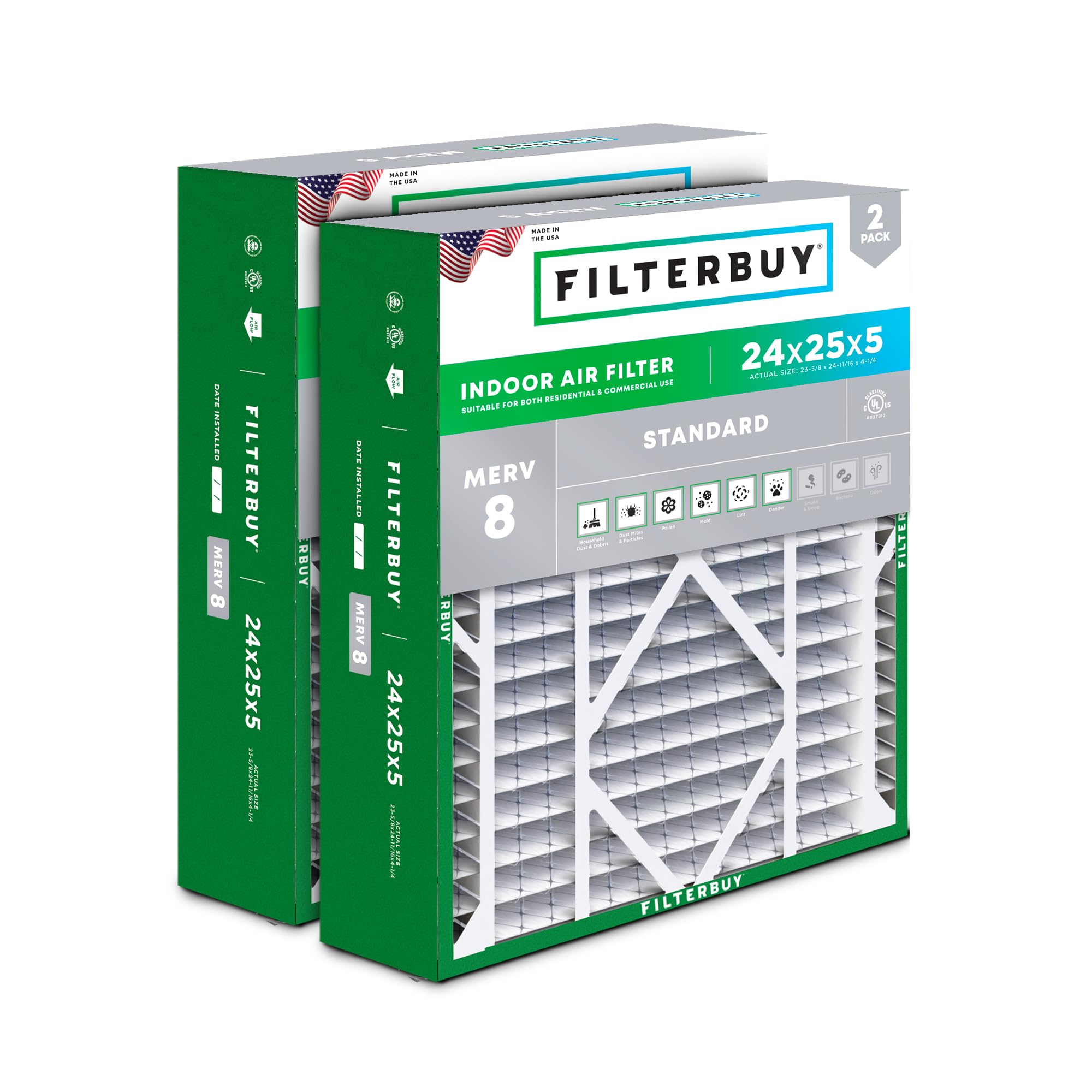 Filterbuy 24x25x5 Air Filter MERV 8 Dust Defense (2-Pack), Pleated HVAC AC Furnace Air Filters Replacement for Carrier FILXXCAR0024, Maytag, and More (Actual Size: 23.63 x 24.69 x 4.25 Inches)