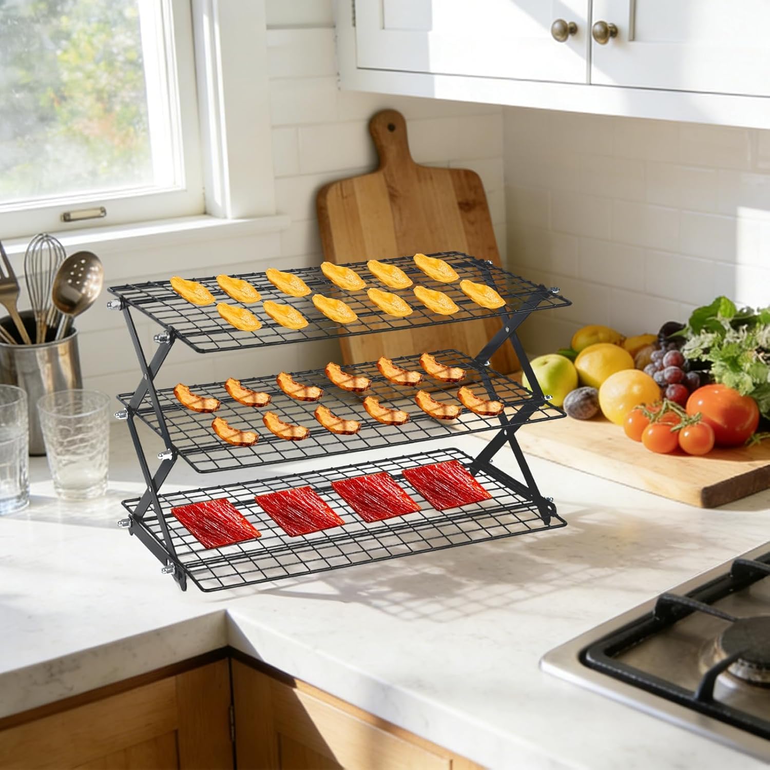ZJT Abkühlgitter, Zusammenklappbares Kühlergitter, Stapelbares Abkühlgitter, Platzsparendes Abkühlregal für Muffins, 40 x 25 cm Backzubehör für Brot, Kuchen & Kekse (Schwarz, 3-Töckiges)